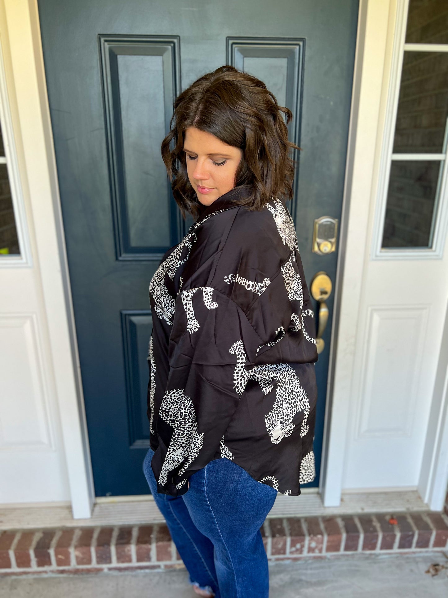 New! Black Button Leopard Top
