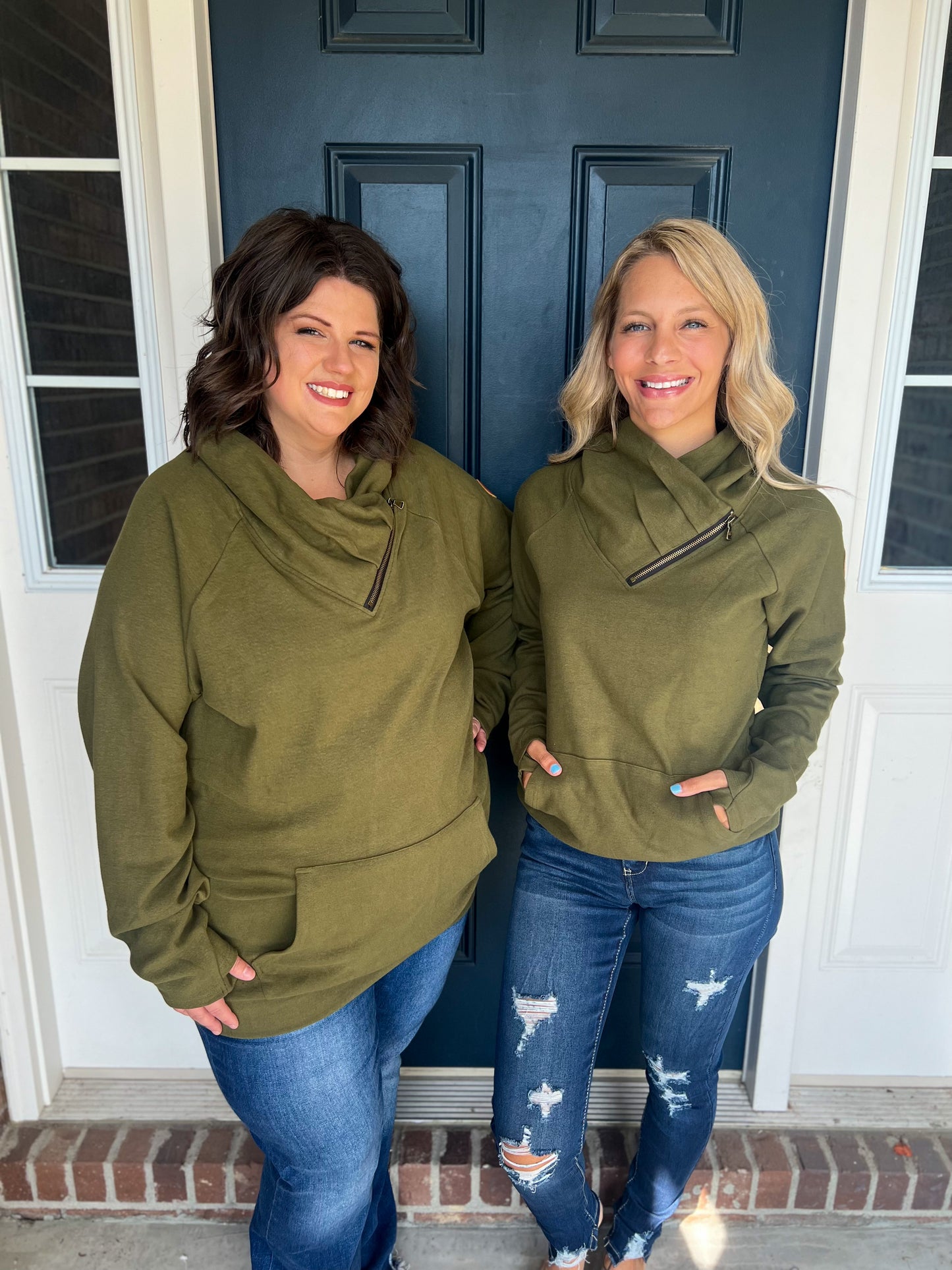 New! Michelle Mae Olive Zip Cowlneck Sweatshirt