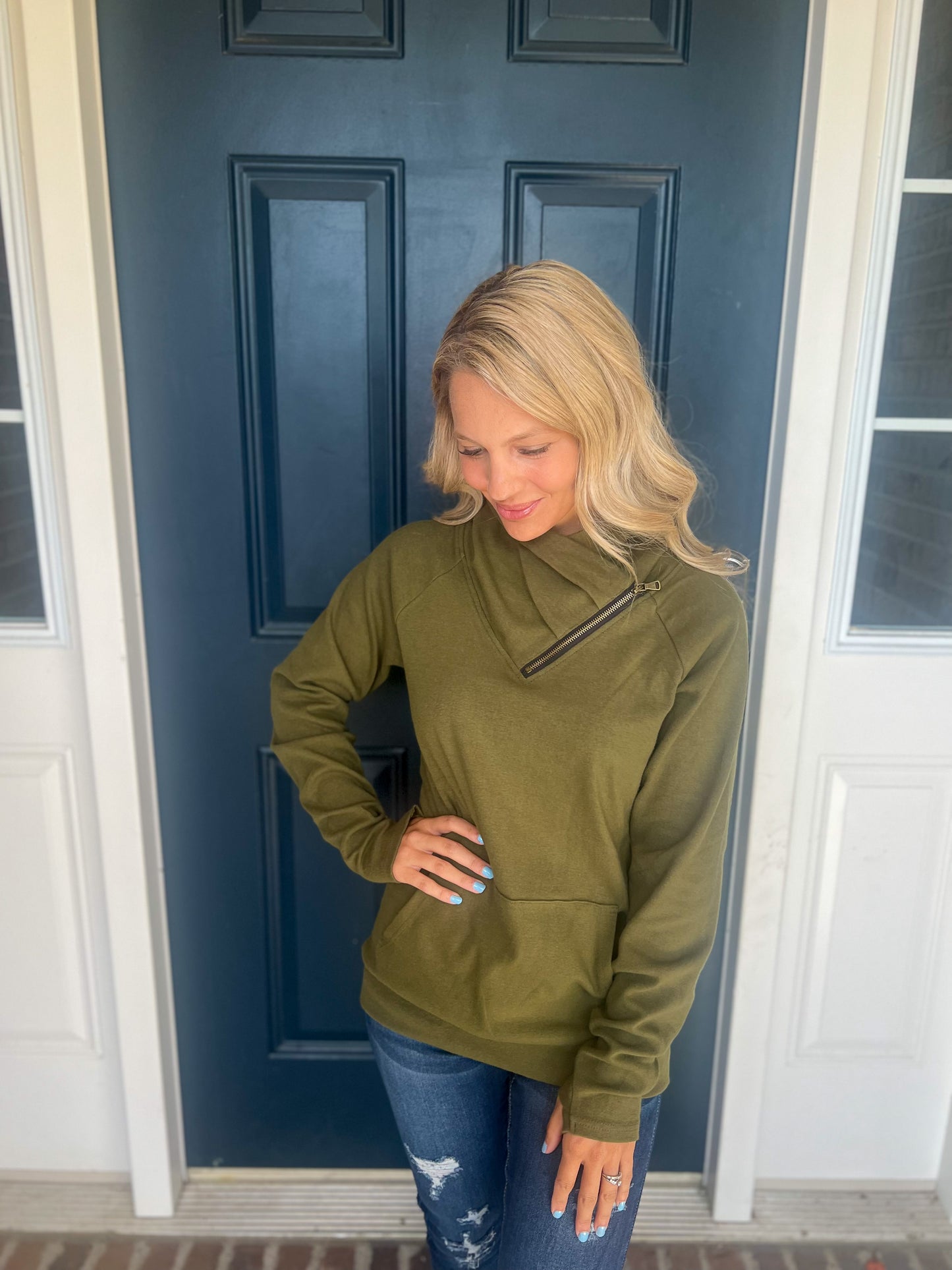 New! Michelle Mae Olive Zip Cowlneck Sweatshirt