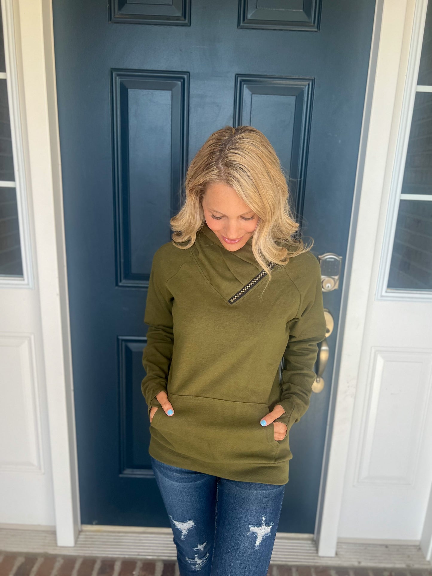 New! Michelle Mae Olive Zip Cowlneck Sweatshirt