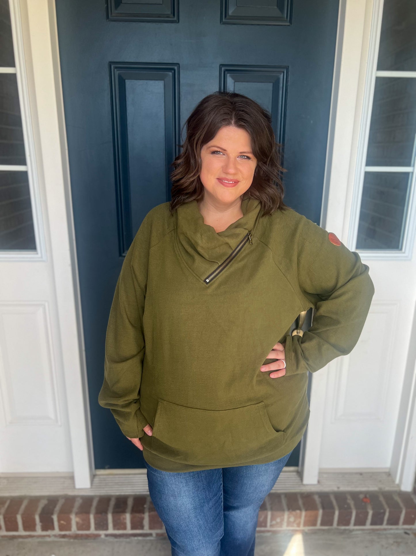 New! Michelle Mae Olive Zip Cowlneck Sweatshirt