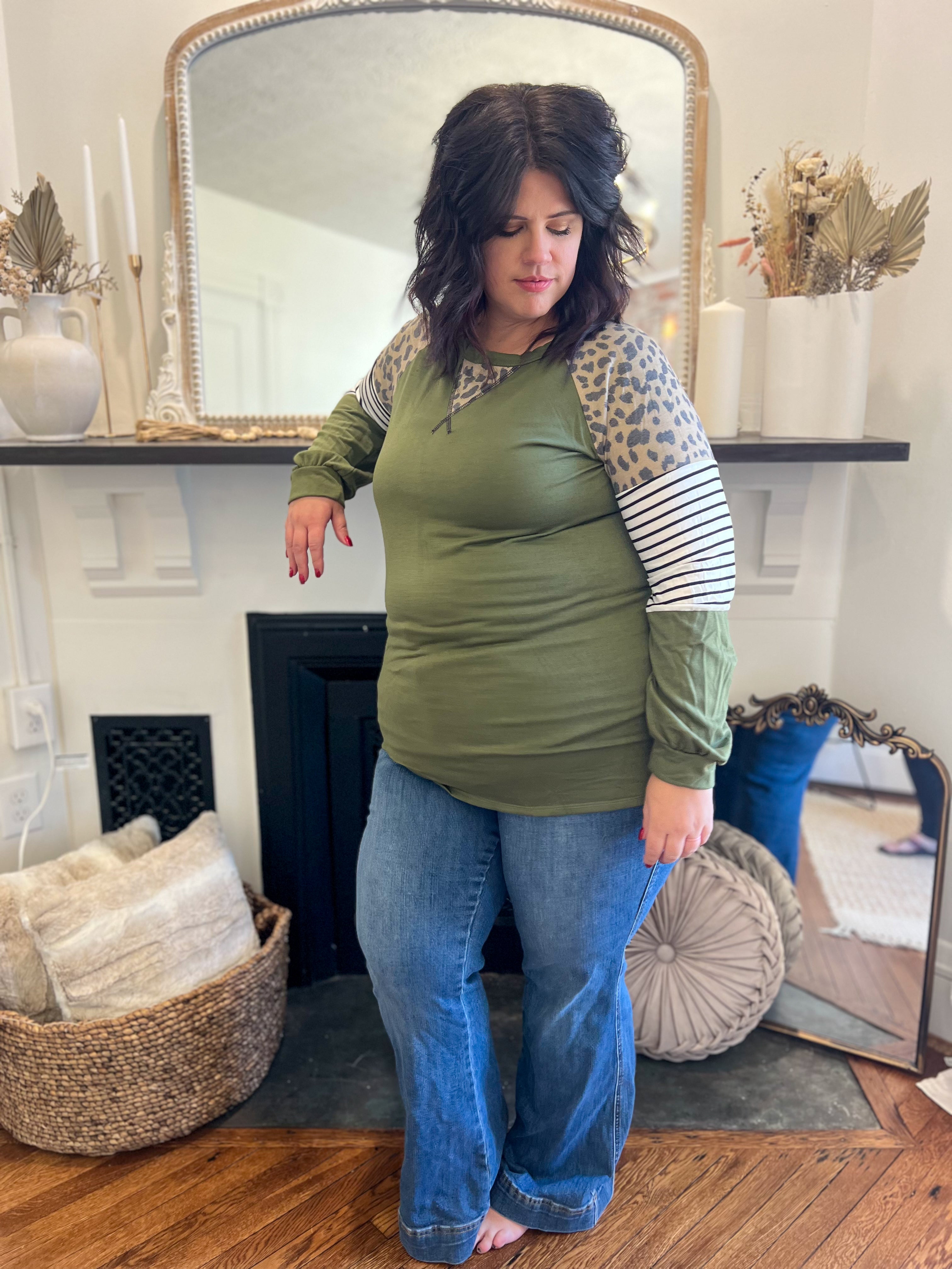 DOORBUSTER Olive with Leopard Accents Top