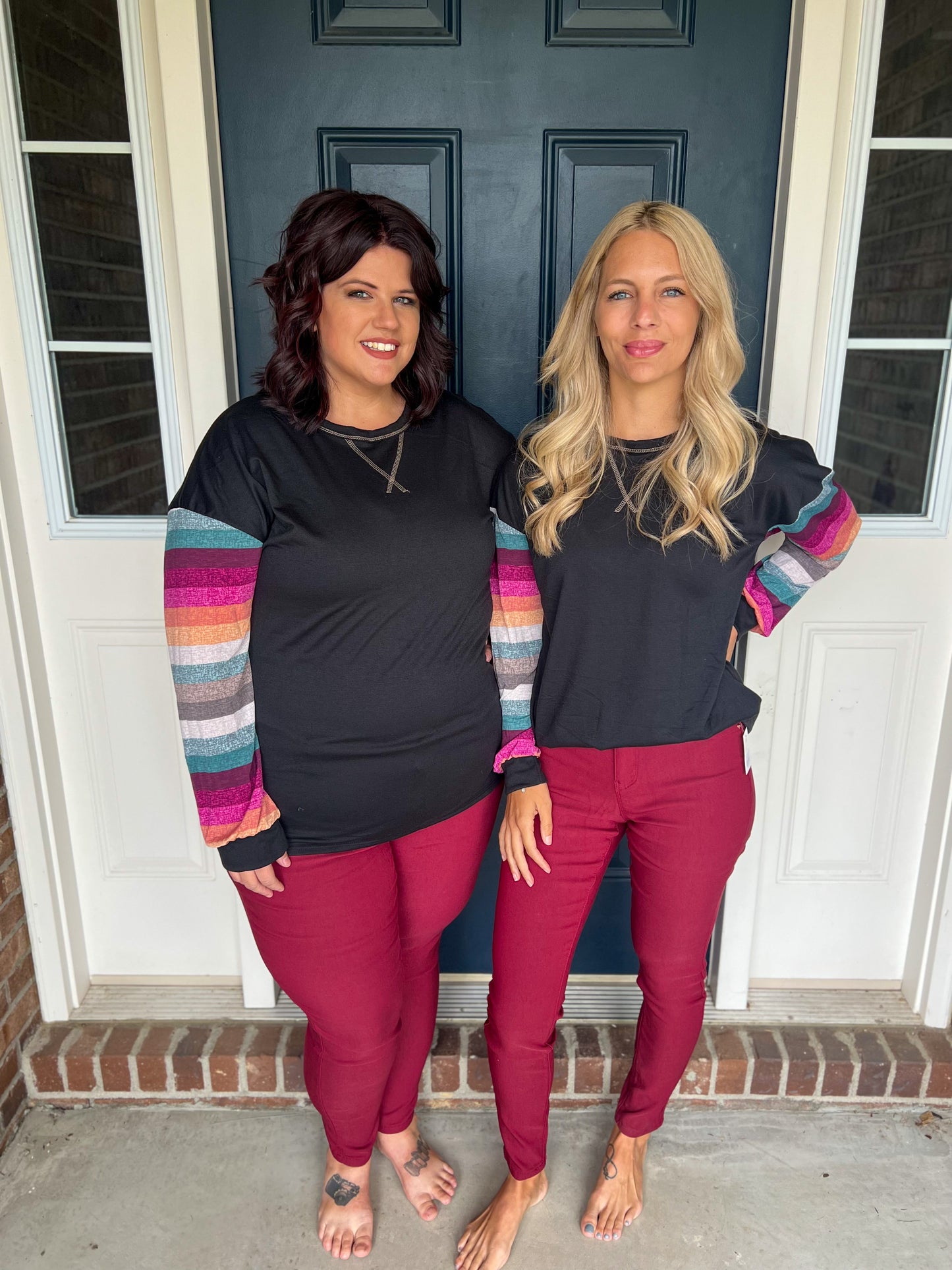 Black with Colorful Striped Sleeves Top
