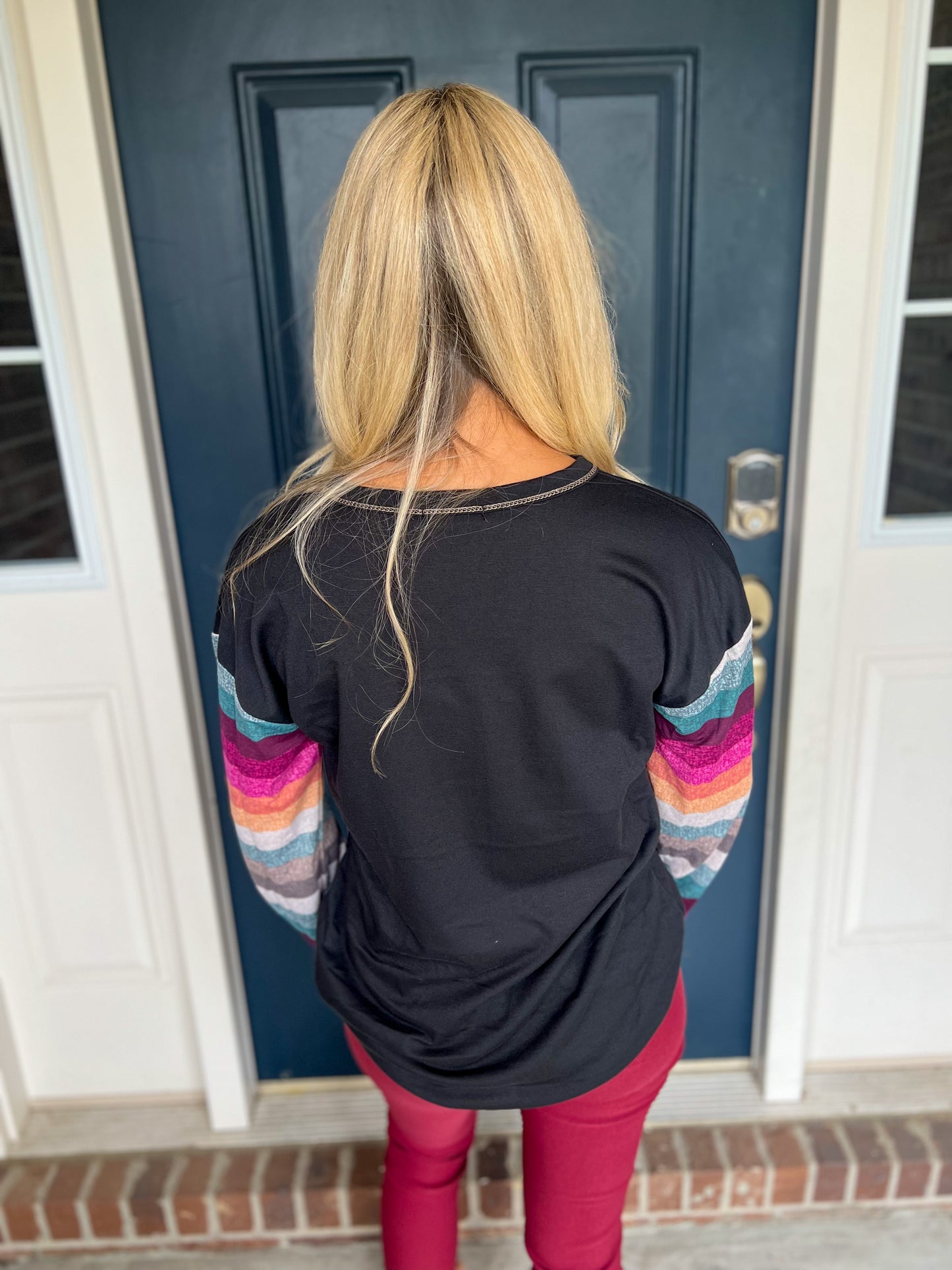 Black with Colorful Striped Sleeves Top