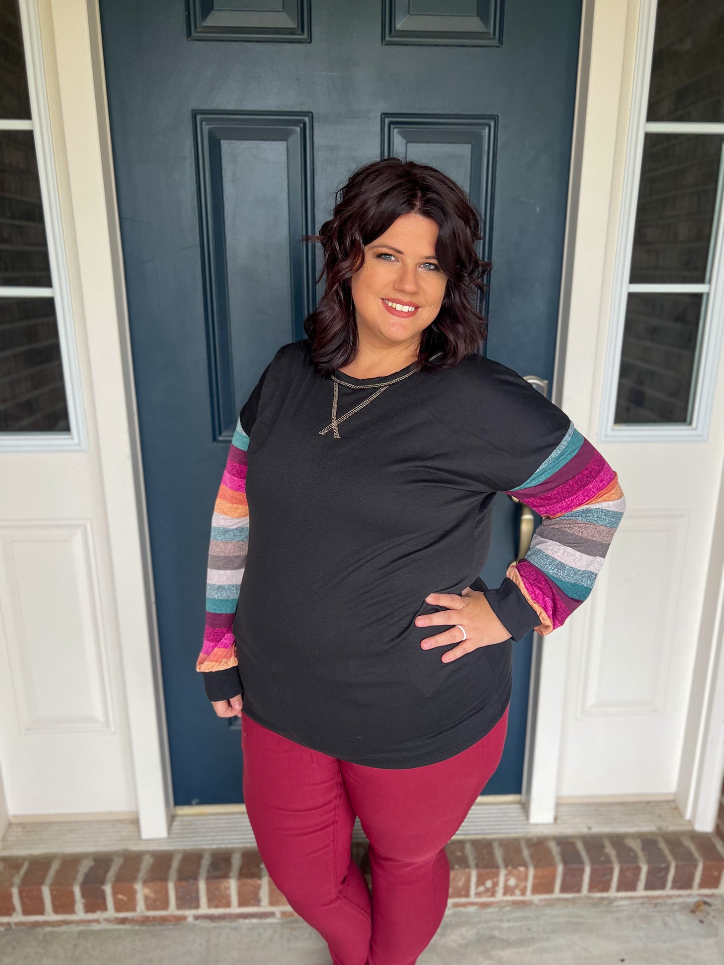Black with Colorful Striped Sleeves Top