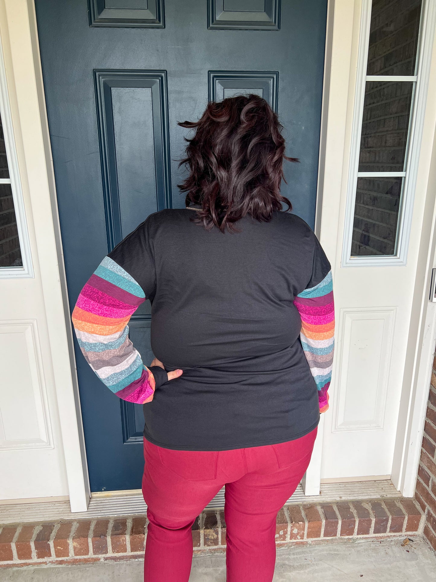 Black with Colorful Striped Sleeves Top