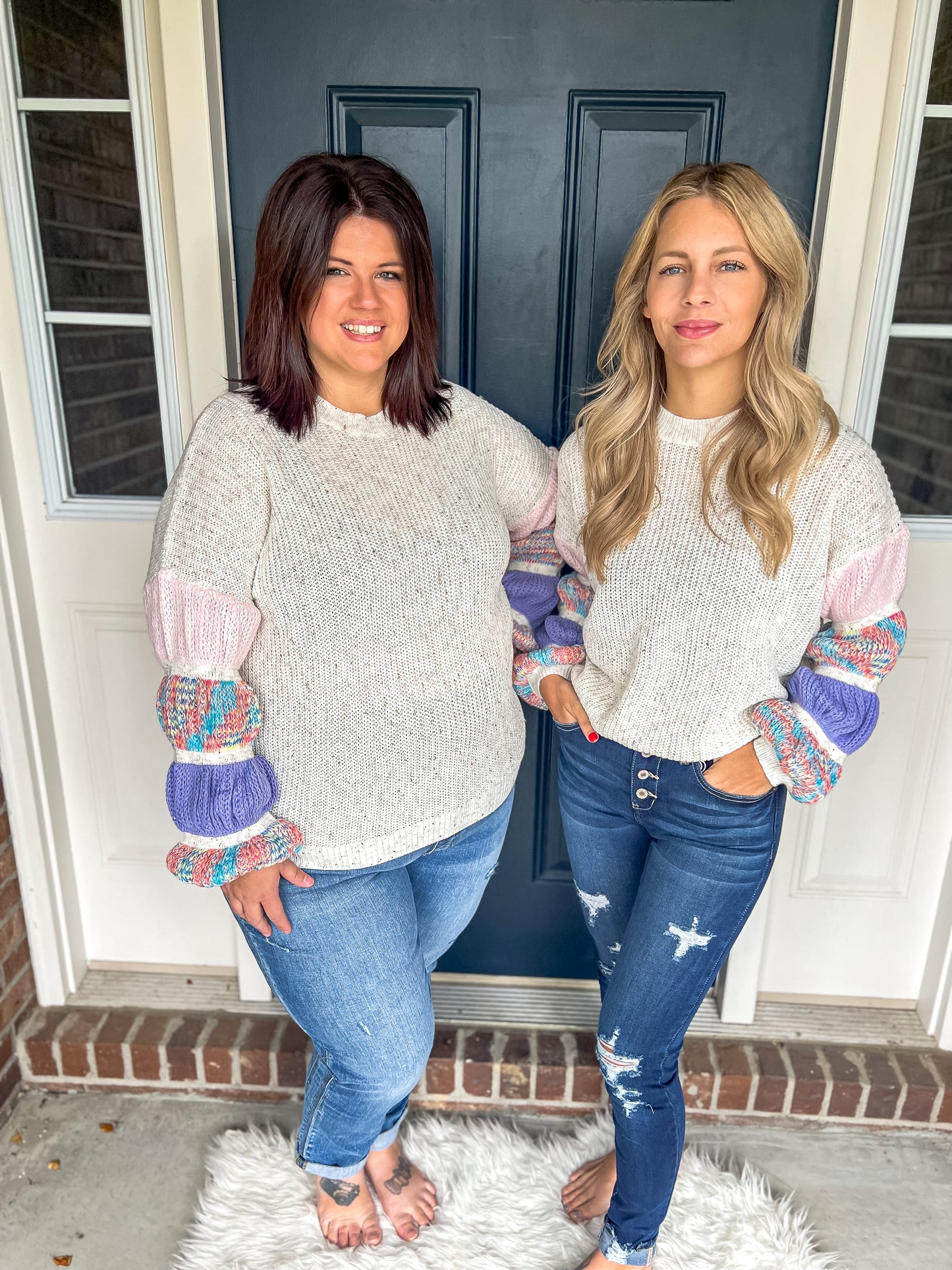 New! Wonderland Oatmeal with Colorful Sleeves Sweater