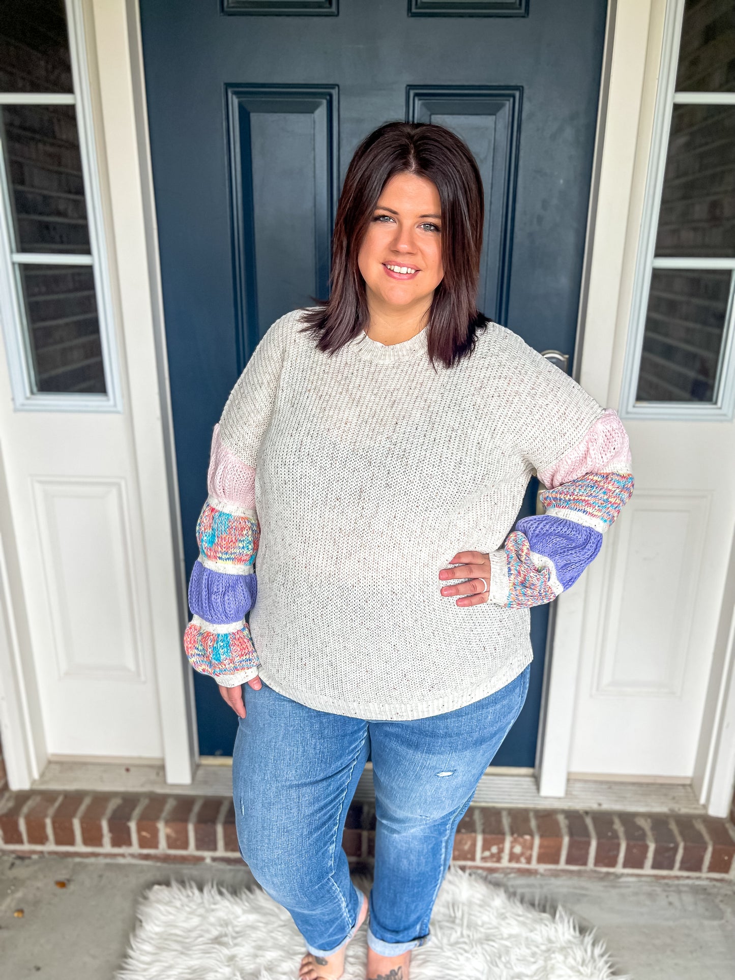 New! Wonderland Oatmeal with Colorful Sleeves Sweater