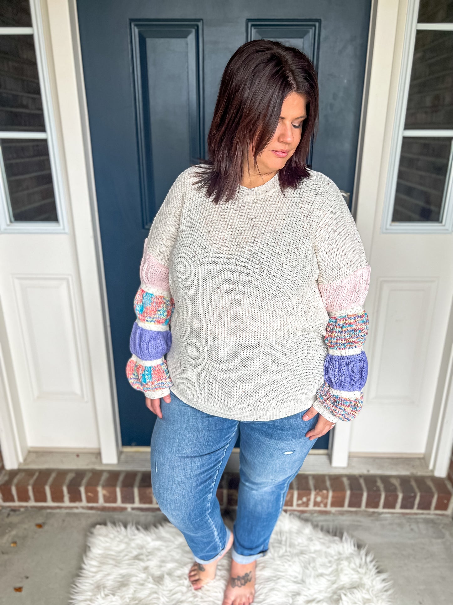 New! Wonderland Oatmeal with Colorful Sleeves Sweater