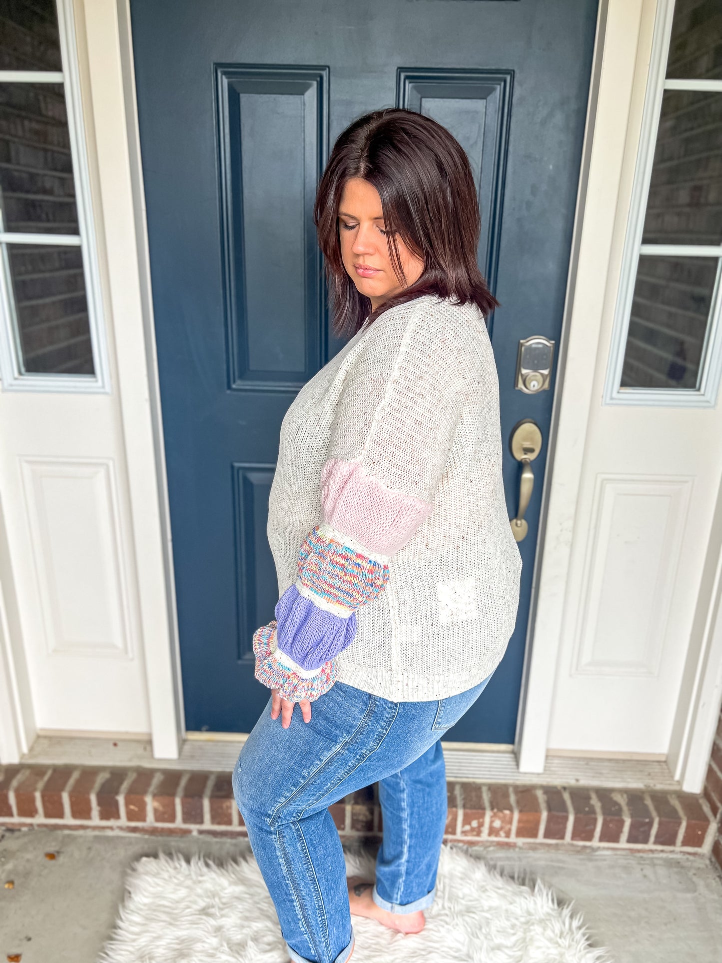 New! Wonderland Oatmeal with Colorful Sleeves Sweater