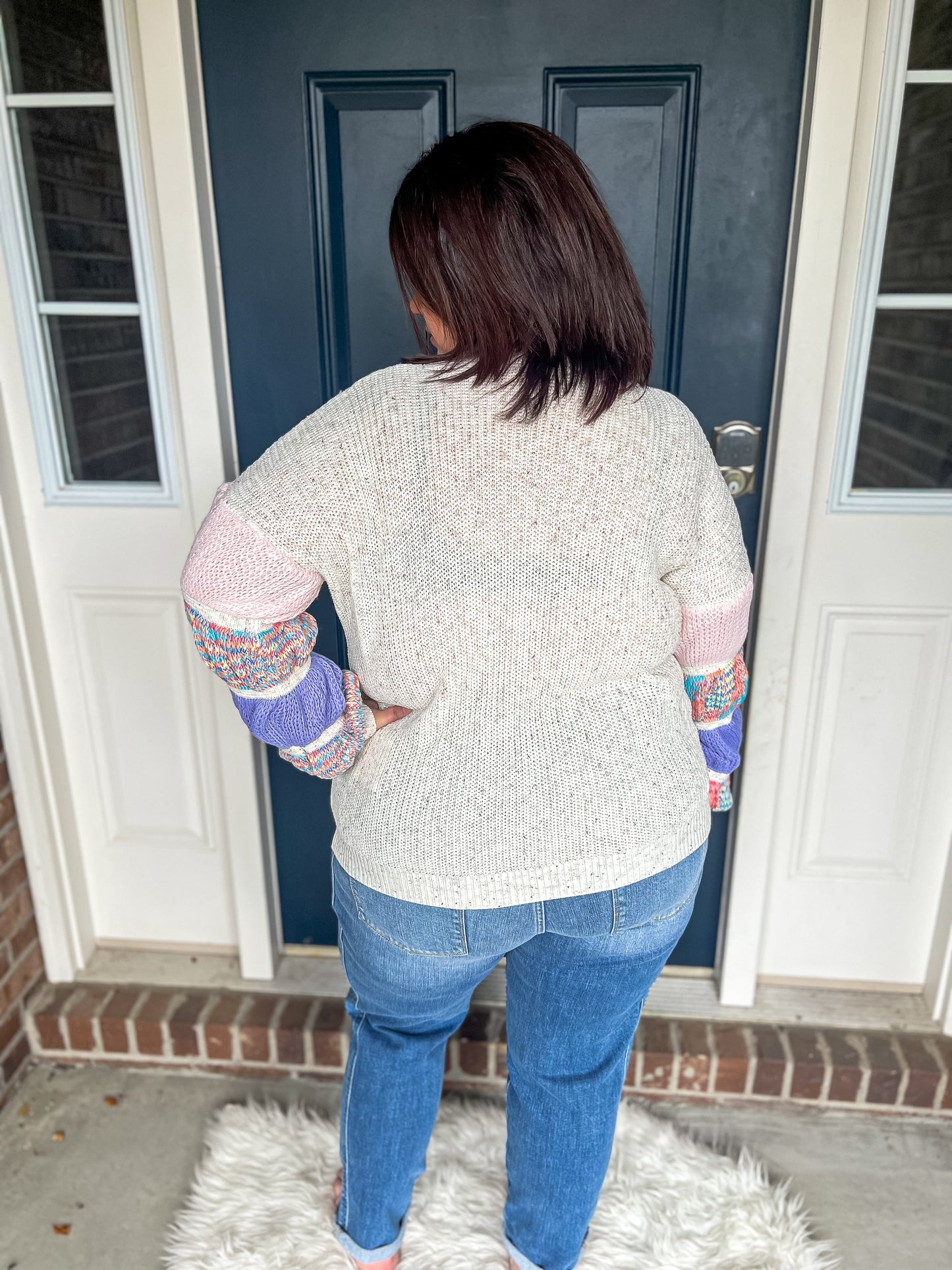 New! Wonderland Oatmeal with Colorful Sleeves Sweater