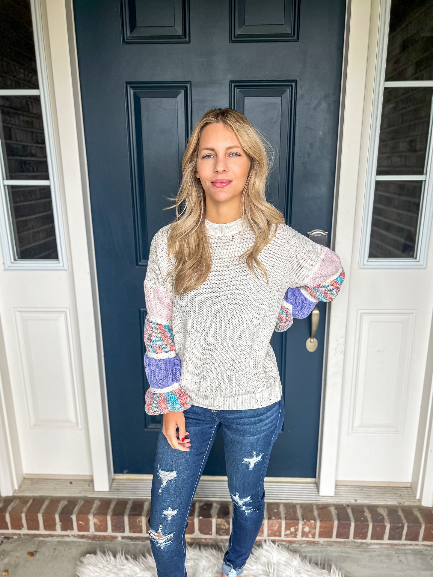 New! Wonderland Oatmeal with Colorful Sleeves Sweater