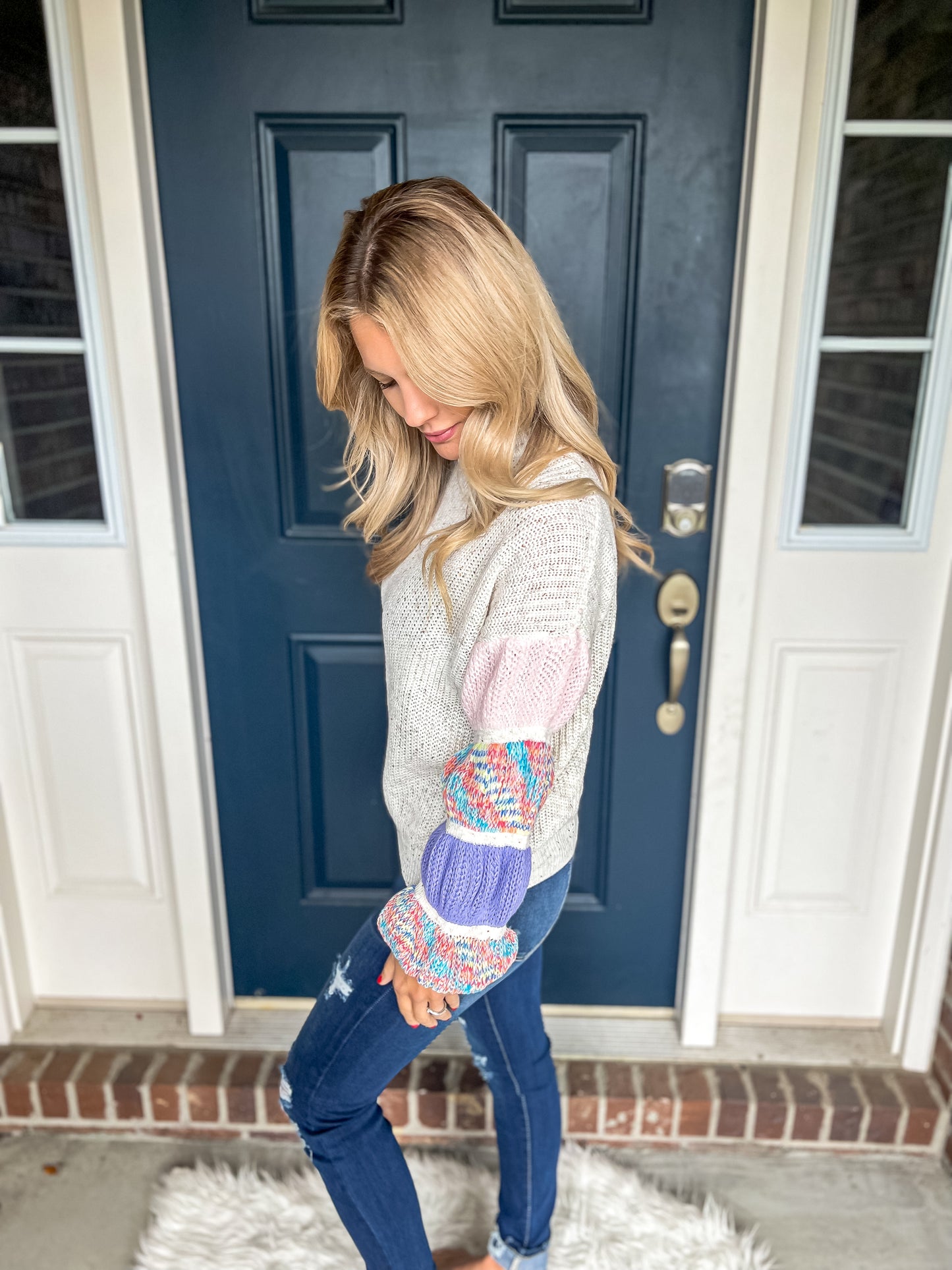 New! Wonderland Oatmeal with Colorful Sleeves Sweater