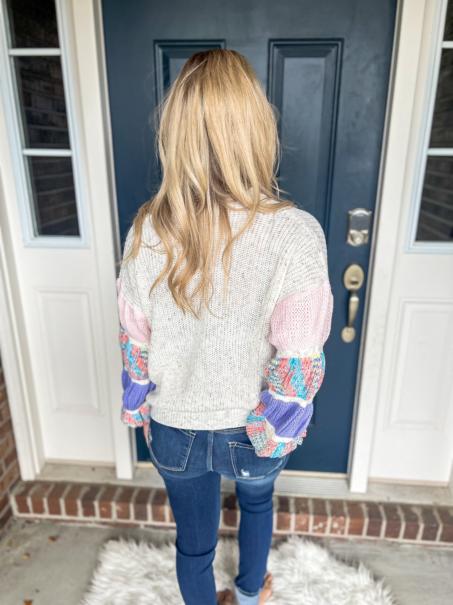 New! Wonderland Oatmeal with Colorful Sleeves Sweater