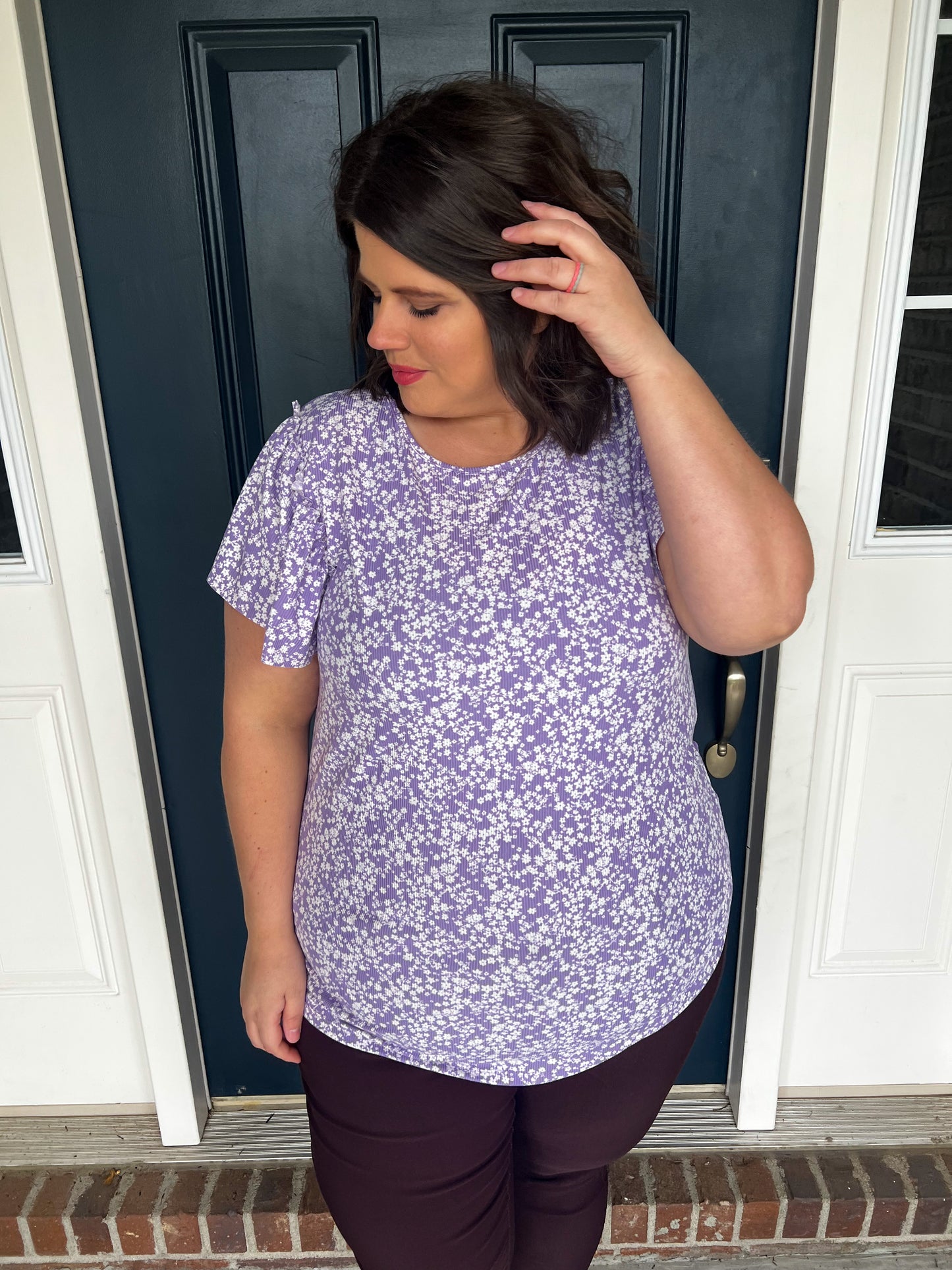 Leah Ribbed Lavender Ruffle Sleeve Top