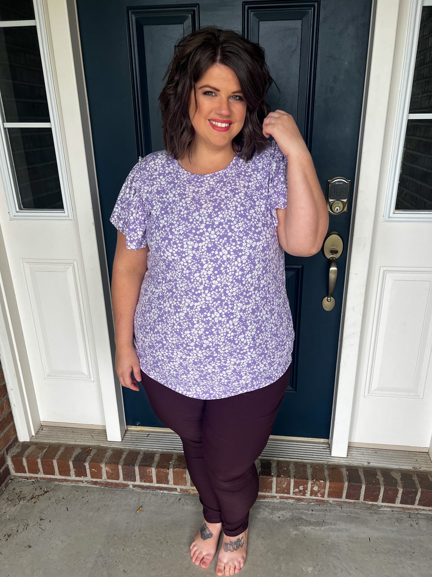 Leah Ribbed Lavender Ruffle Sleeve Top