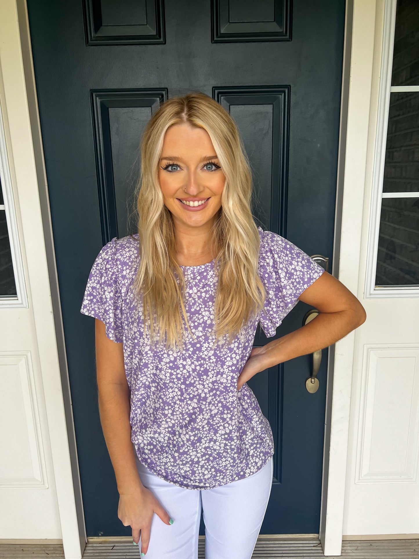 Leah Ribbed Lavender Ruffle Sleeve Top