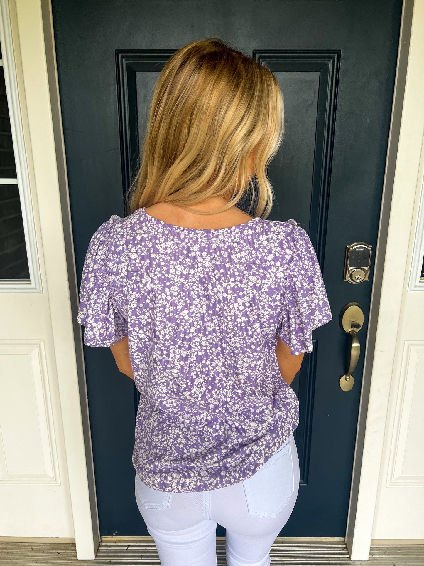 Leah Ribbed Lavender Ruffle Sleeve Top