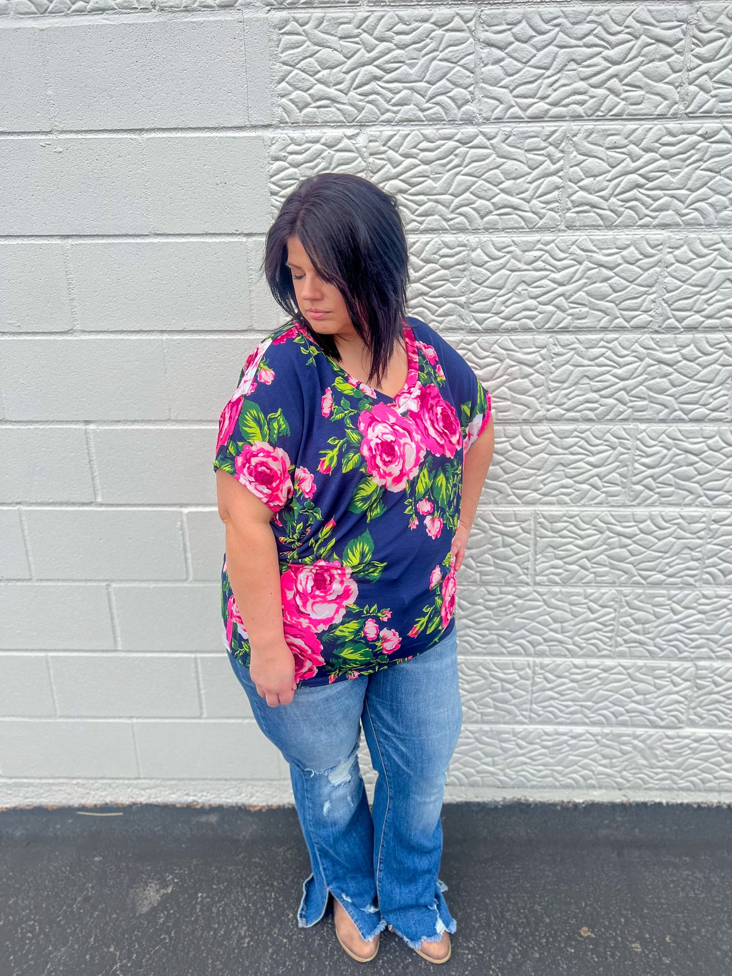 New! Navy Floral Dolman Sleeve Top