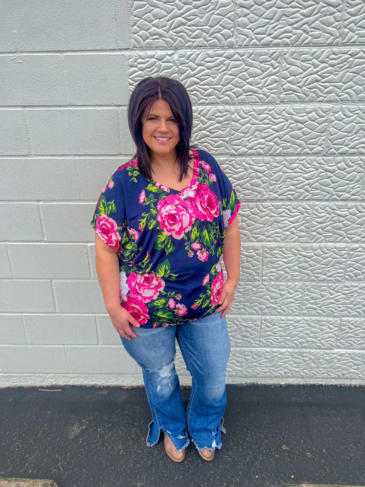 New! Navy Floral Dolman Sleeve Top