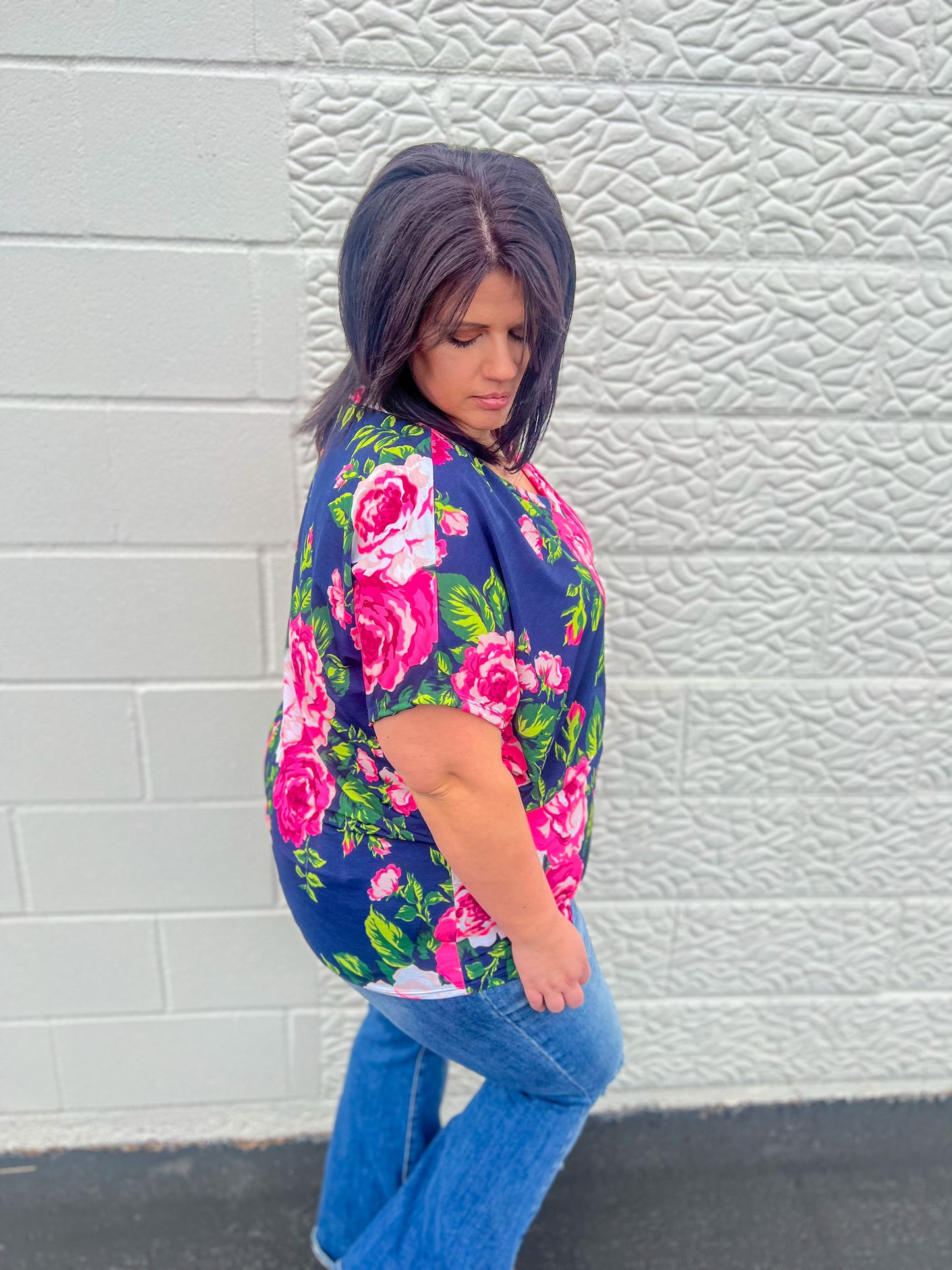 New! Navy Floral Dolman Sleeve Top
