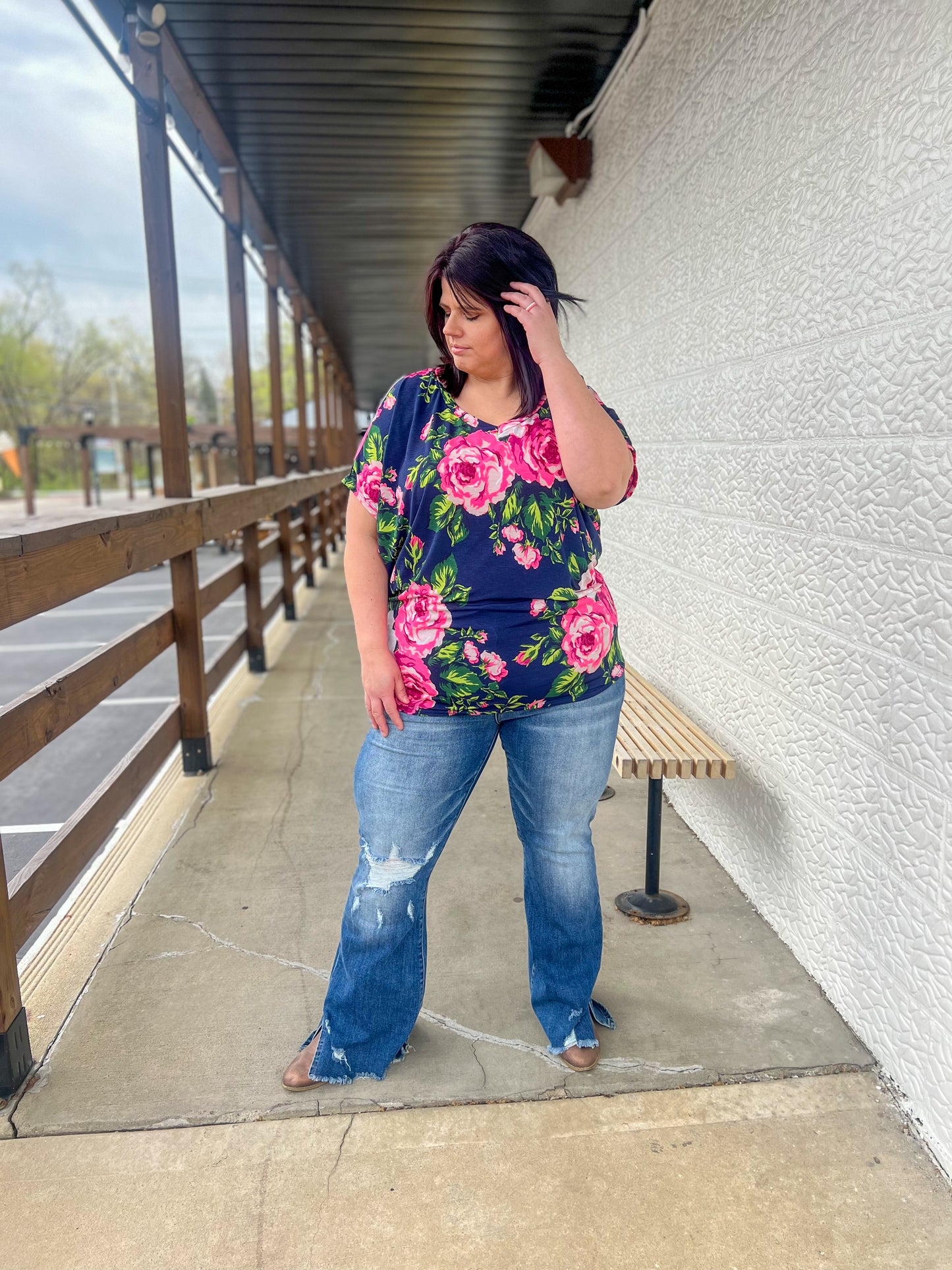 New! Navy Floral Dolman Sleeve Top