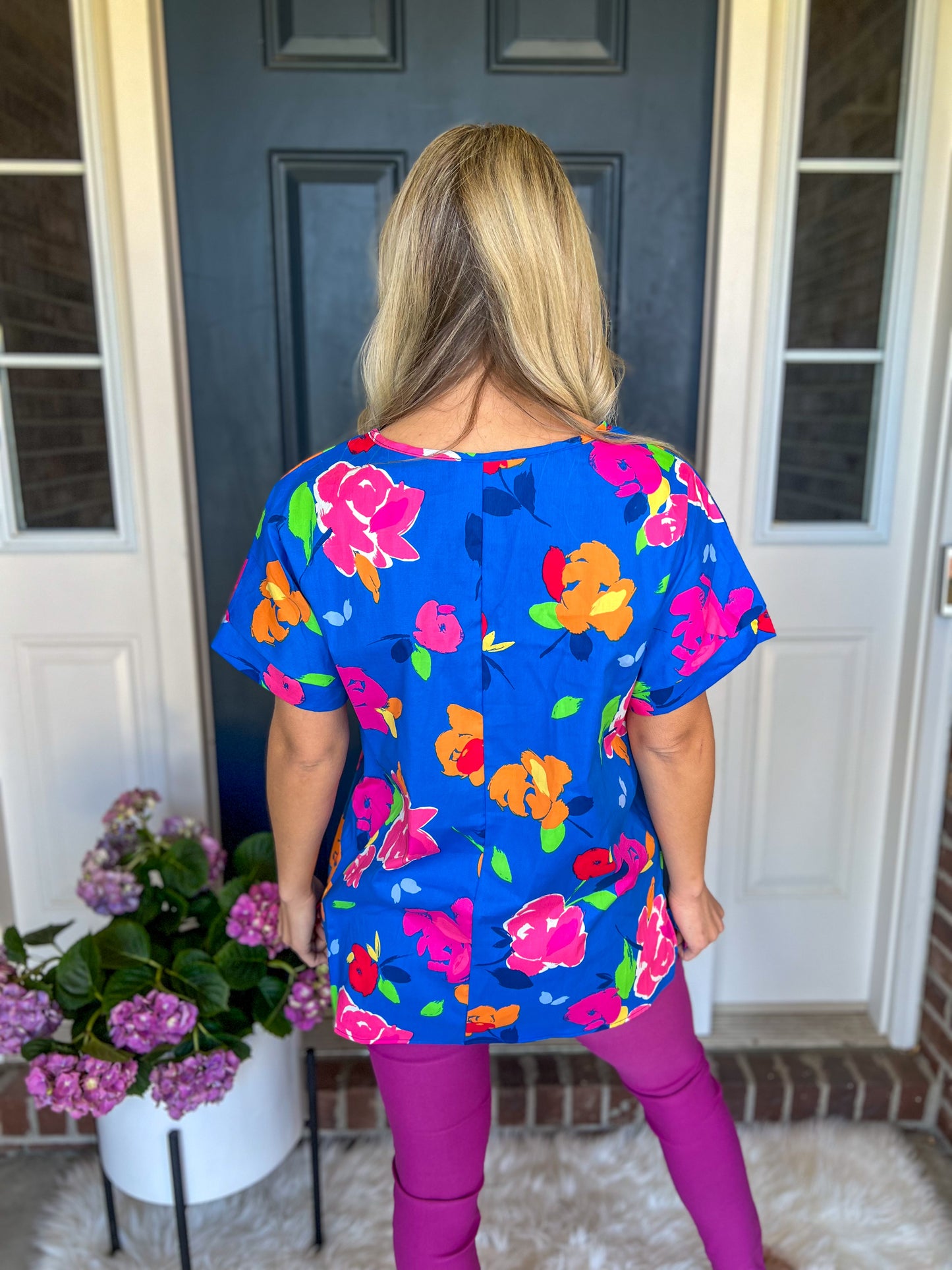 New! Royal Blue Floral V-Neck Blouse