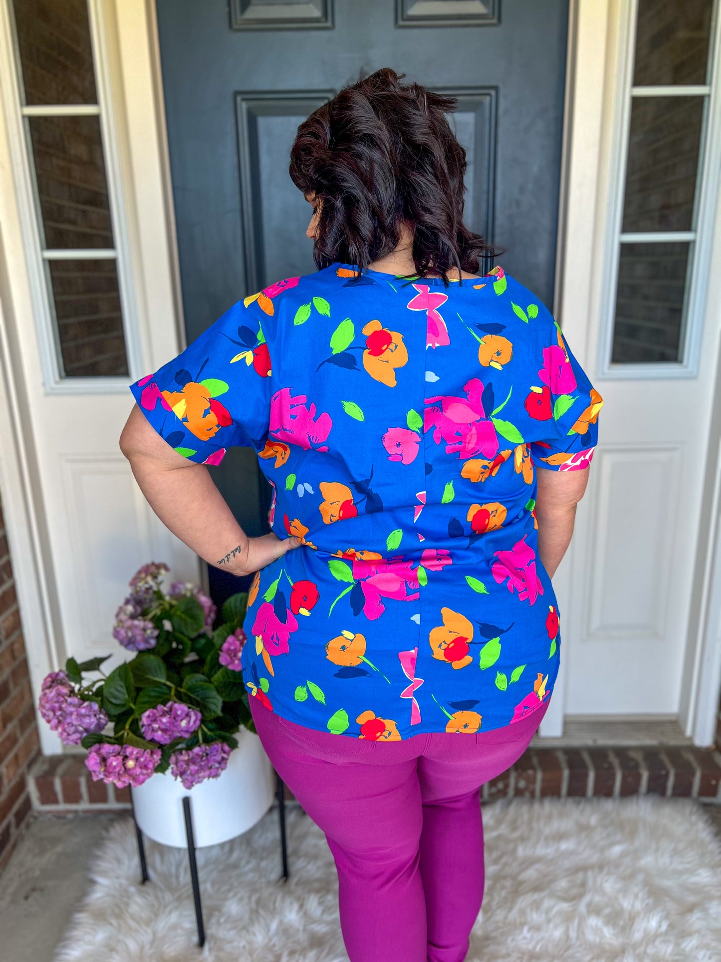 New! Royal Blue Floral V-Neck Blouse