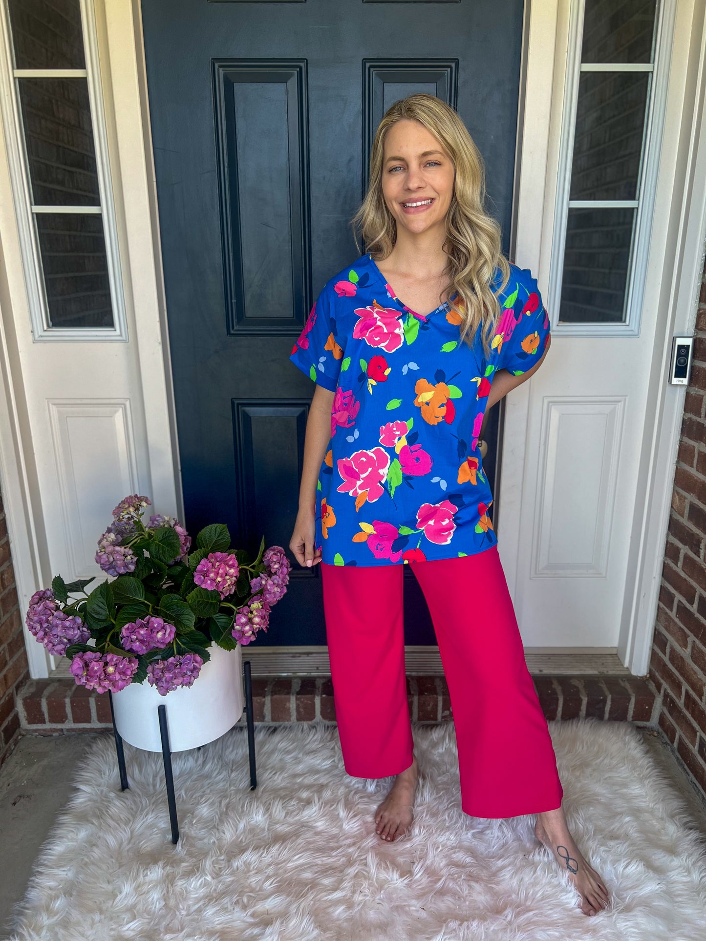 New! Royal Blue Floral V-Neck Blouse