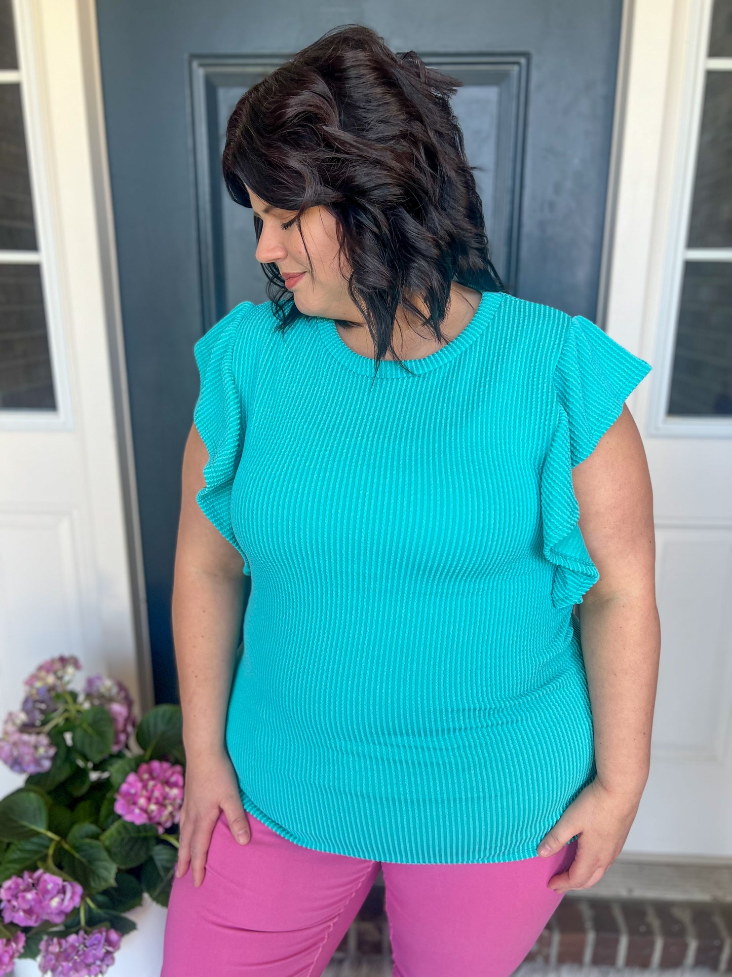 New! Ariel Turquoise Ruffle Sleeve Top