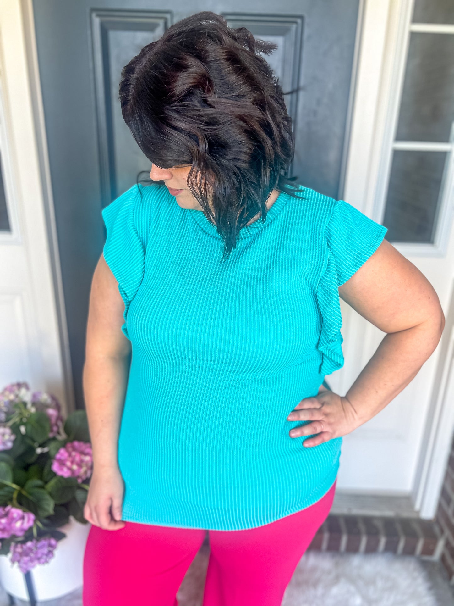 New! Ariel Turquoise Ruffle Sleeve Top