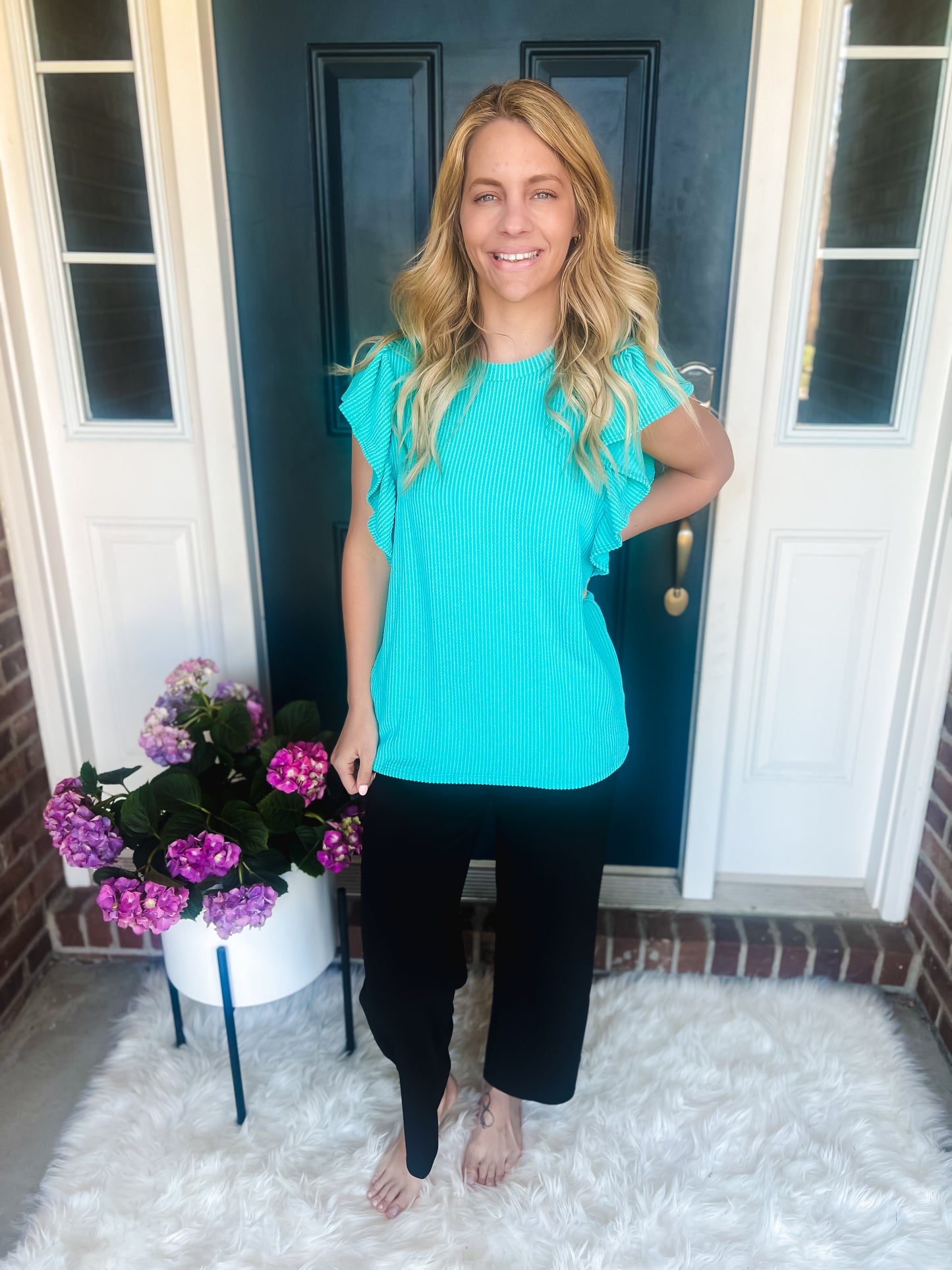 New! Ariel Turquoise Ruffle Sleeve Top