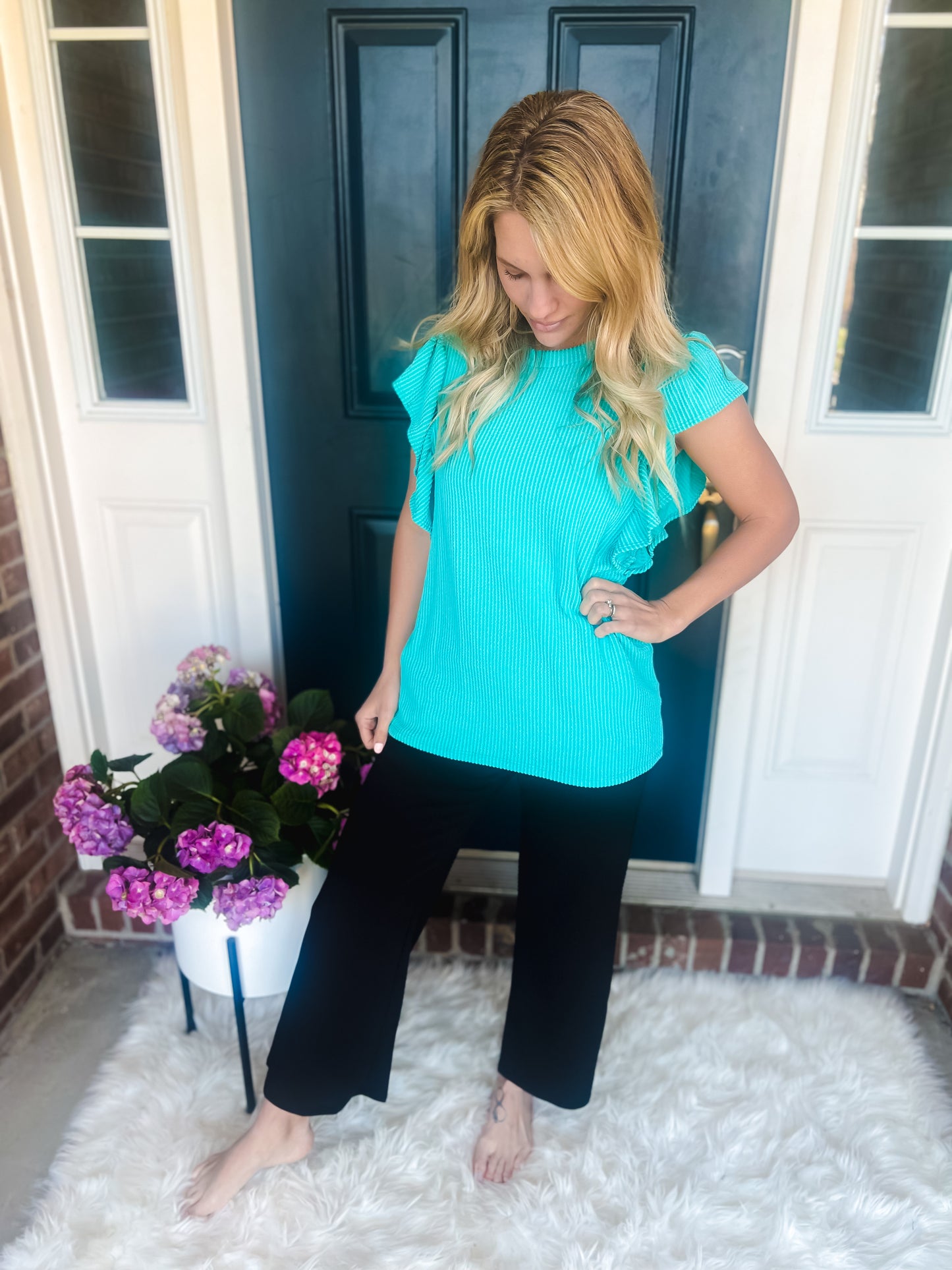 New! Ariel Turquoise Ruffle Sleeve Top