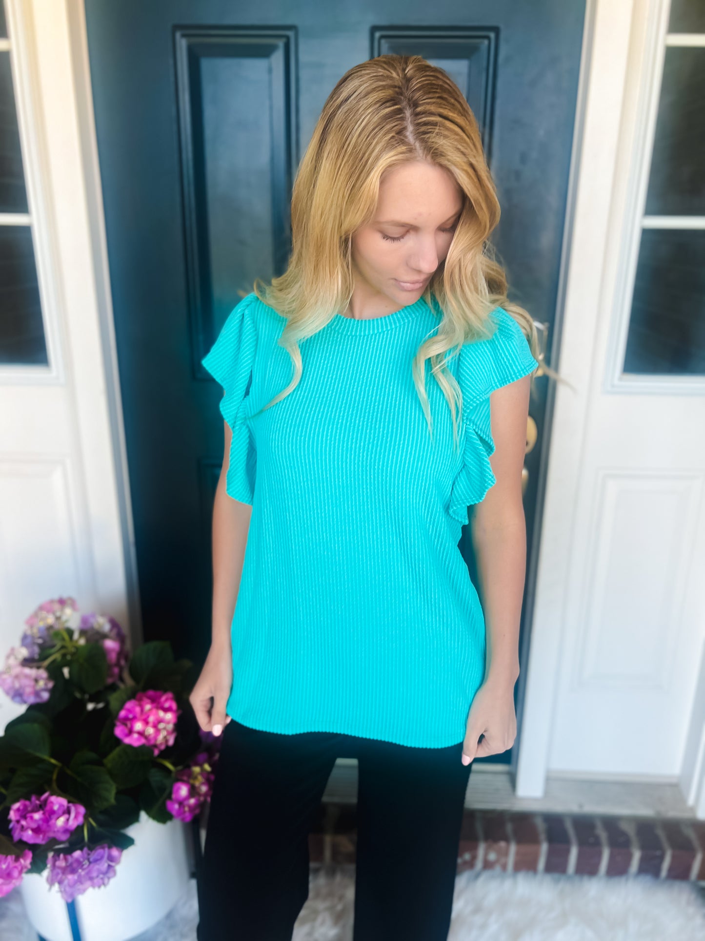 New! Ariel Turquoise Ruffle Sleeve Top