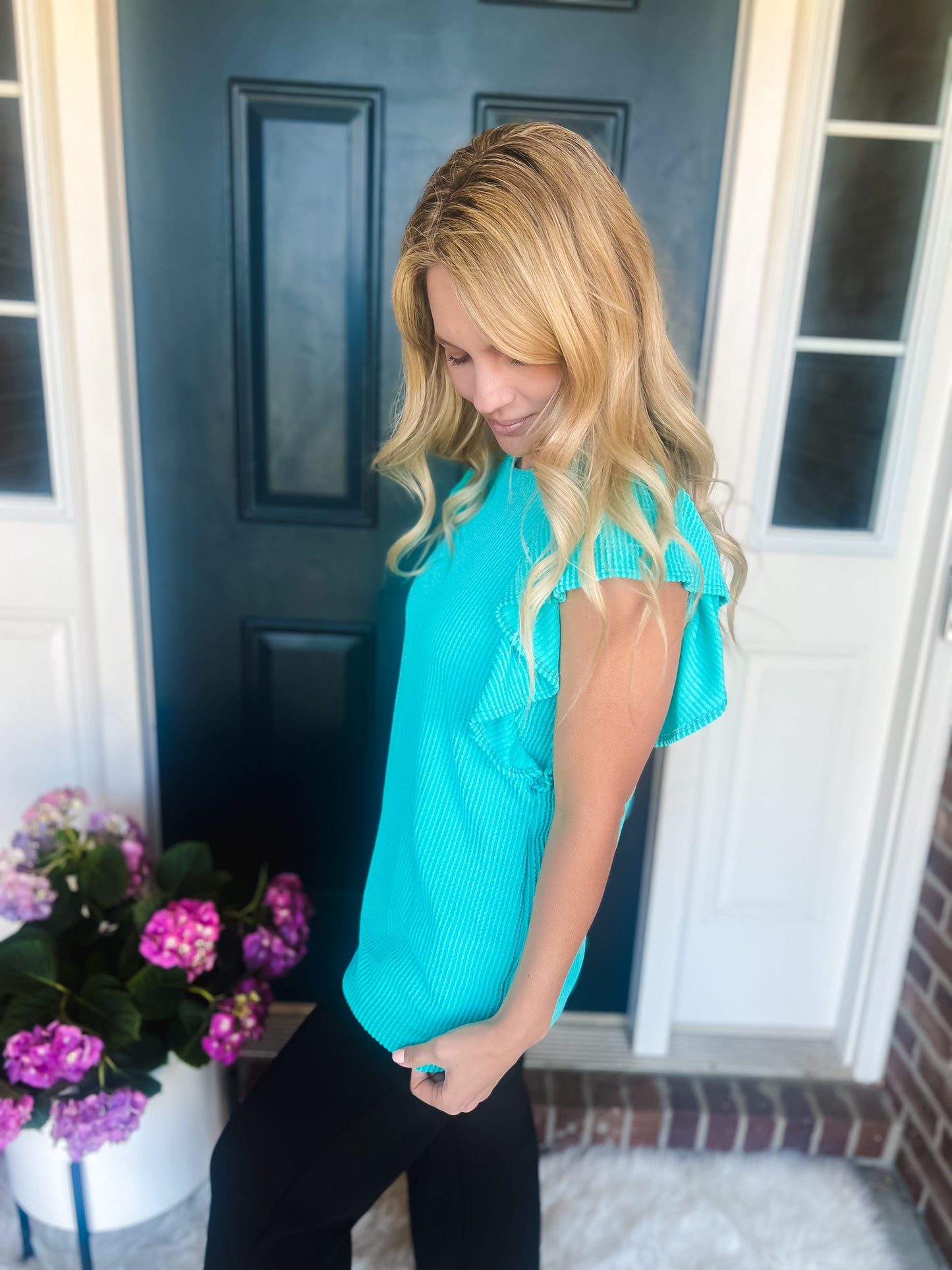 New! Ariel Turquoise Ruffle Sleeve Top