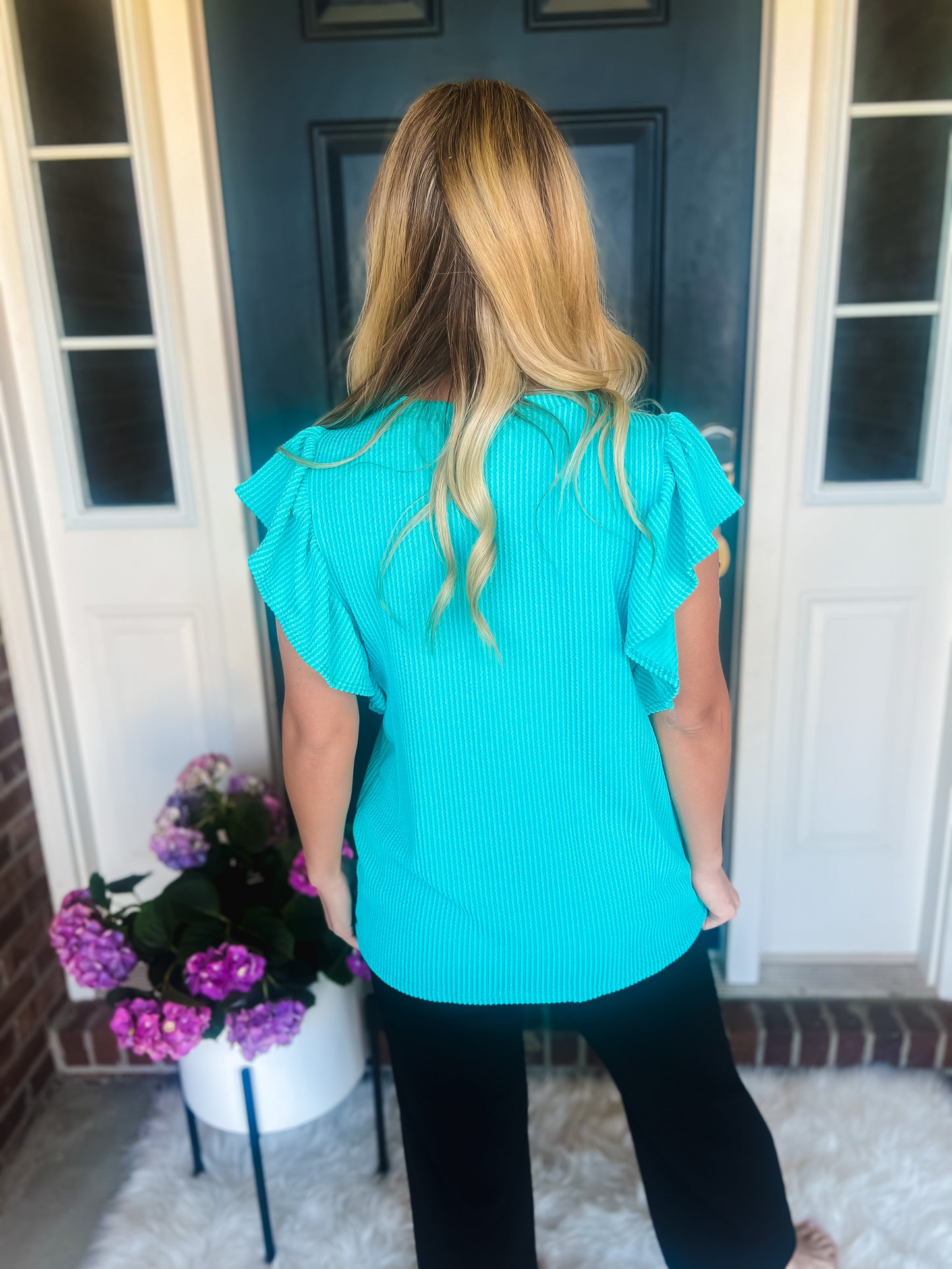 New! Ariel Turquoise Ruffle Sleeve Top