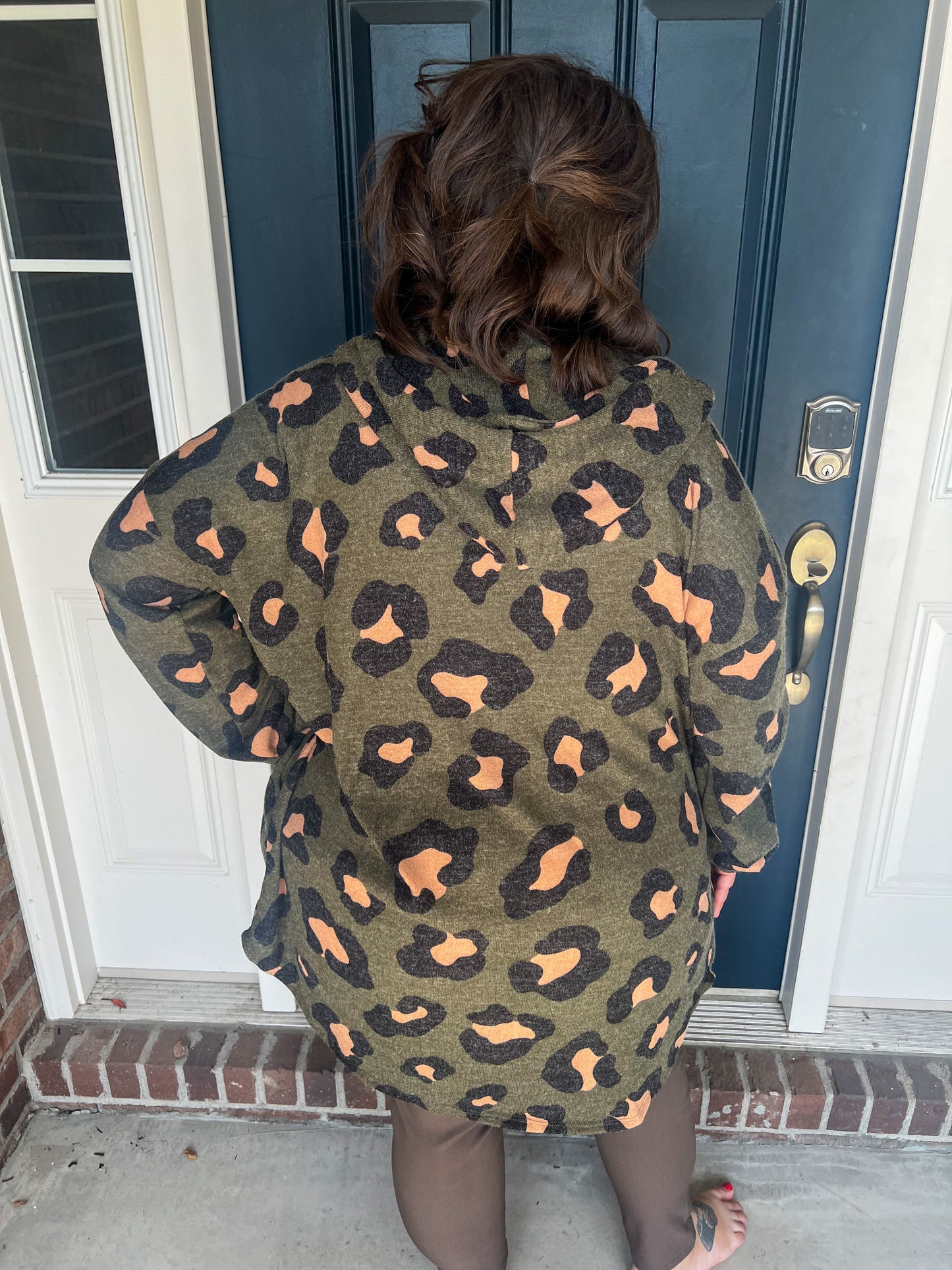 Olive Leopard Hooded Cardigan with Pockets
