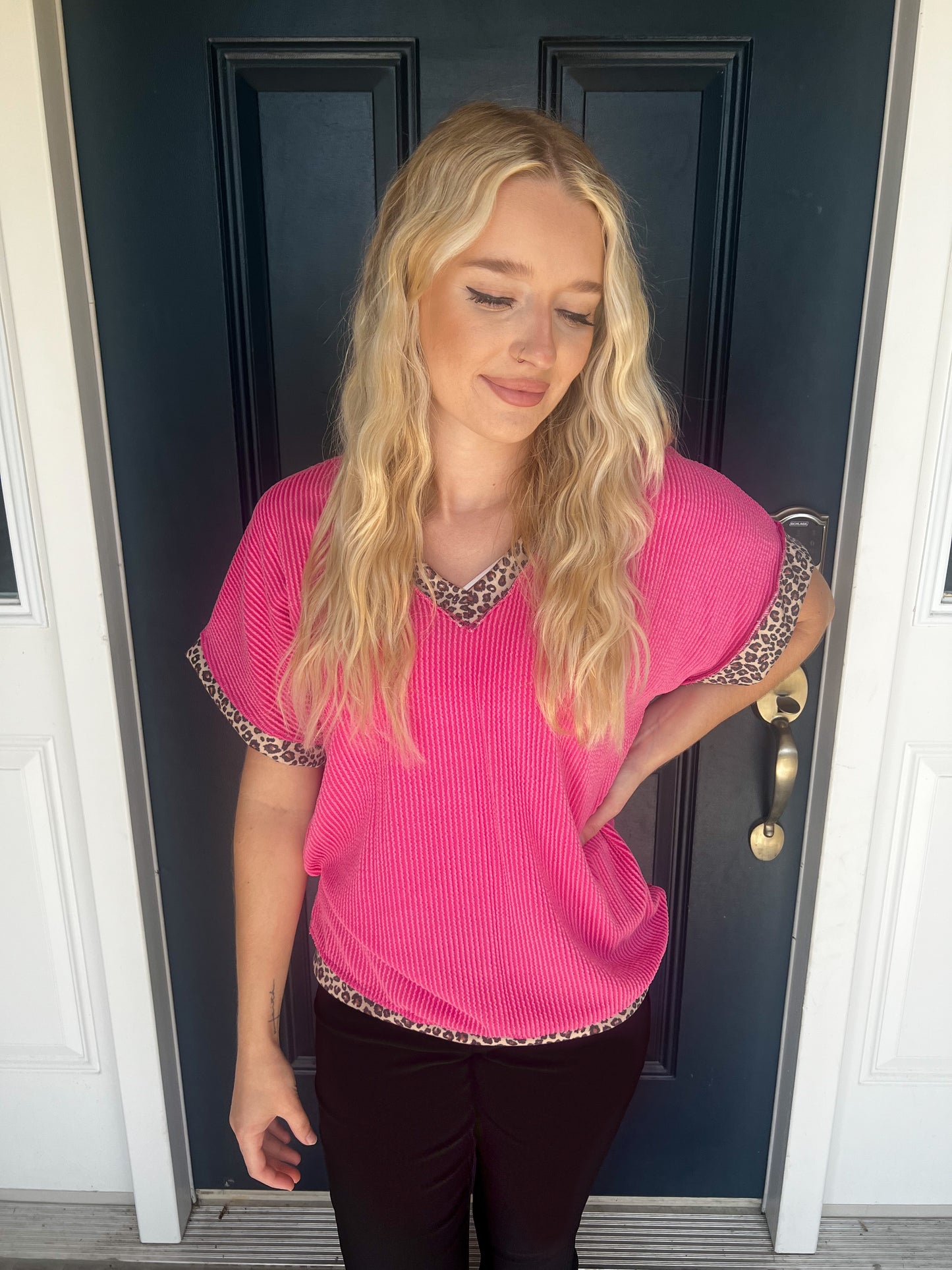 Mila Corded Fuchsia with Leopard Trim Top