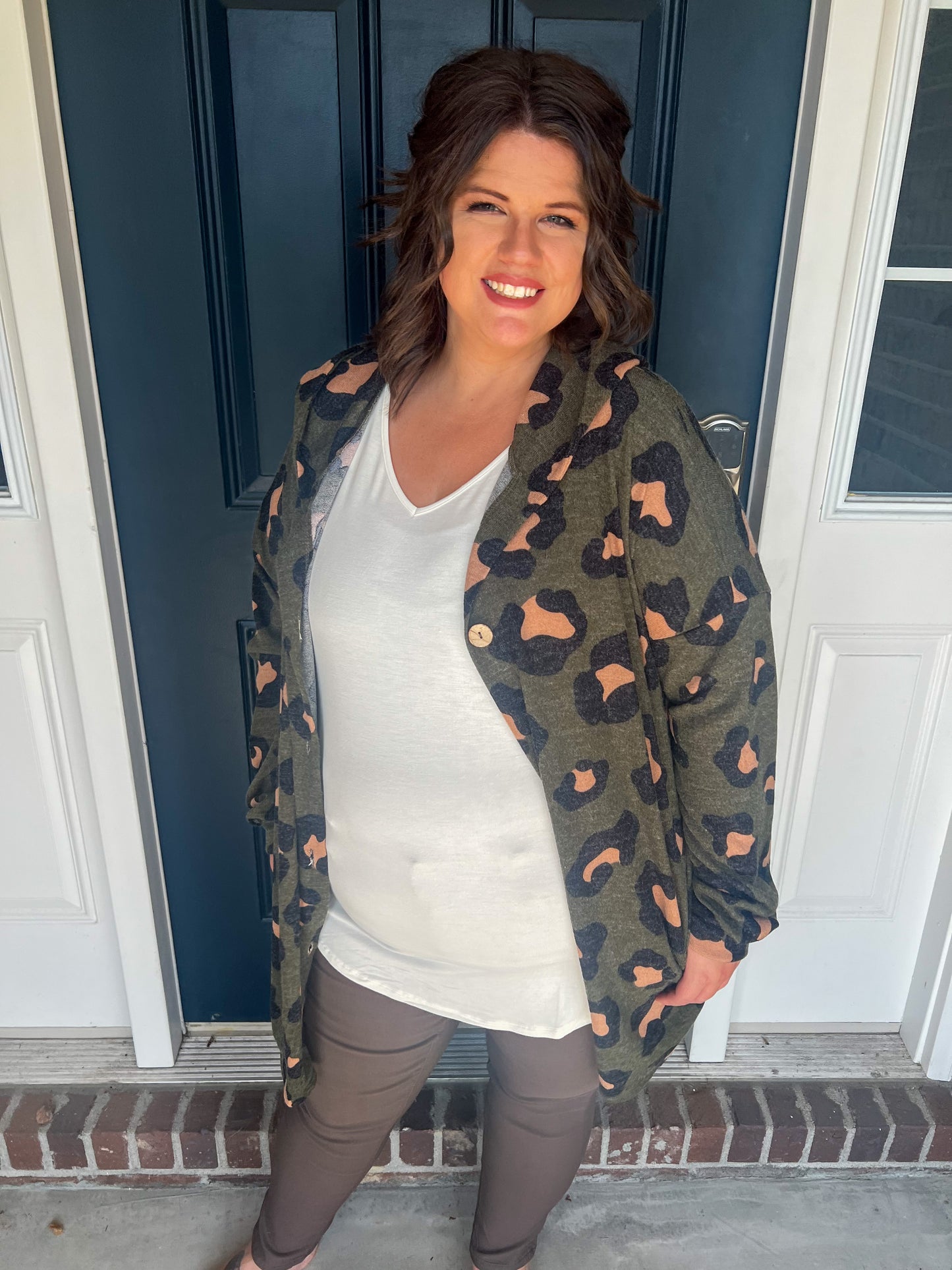 New! Olive Leopard Hooded Cardigan with Pockets