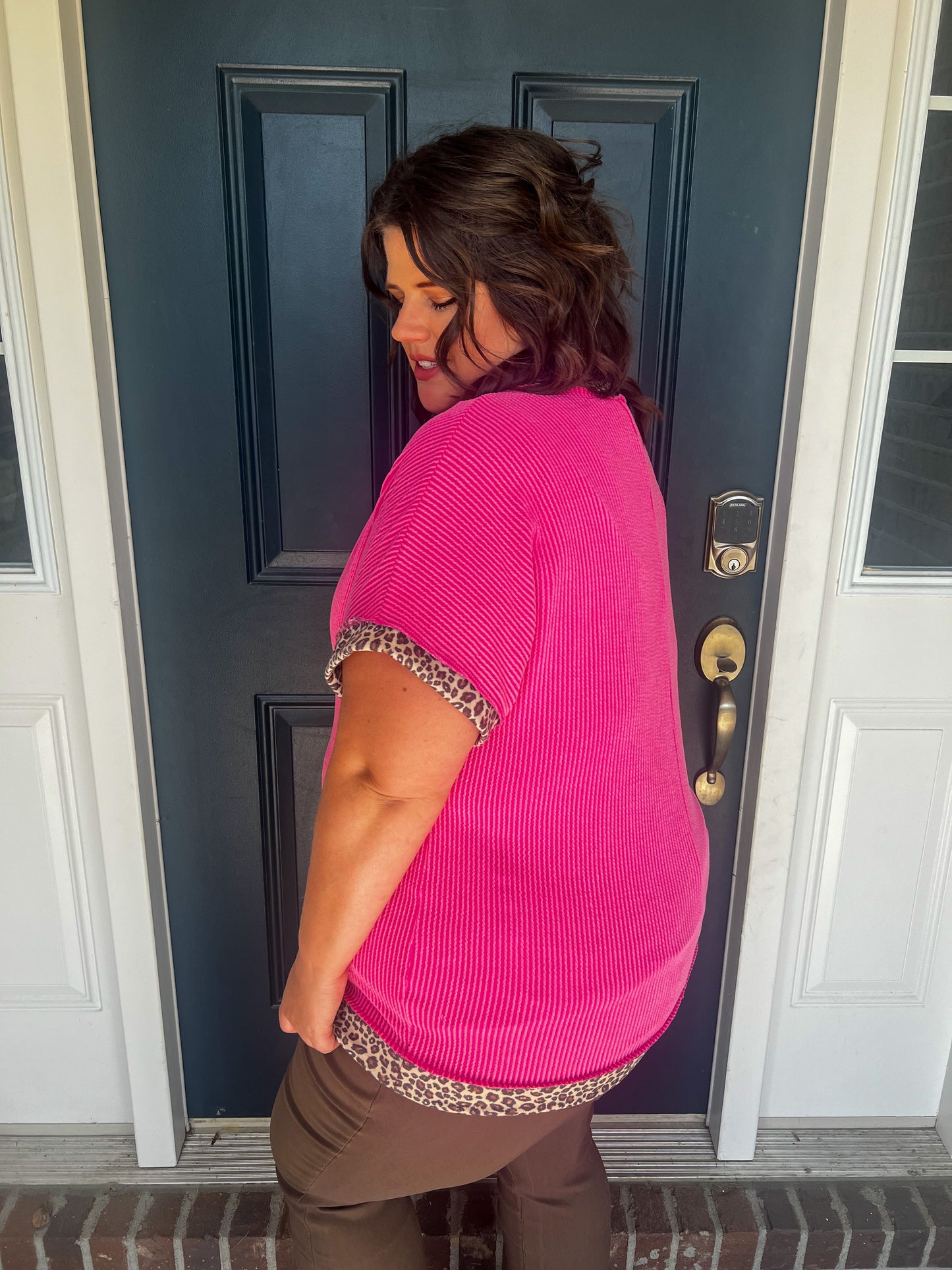 Mila Corded Fuchsia with Leopard Trim Top