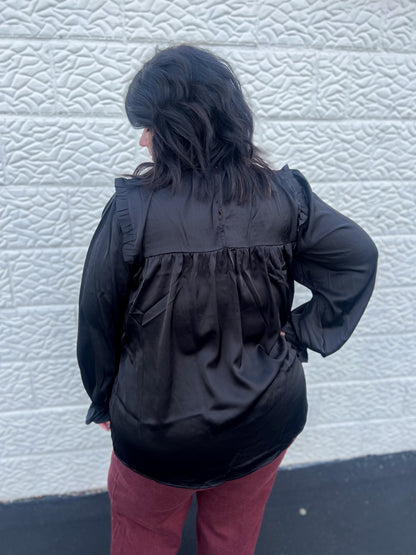 Black Mock Neck Satin Long Sleeve Blouse