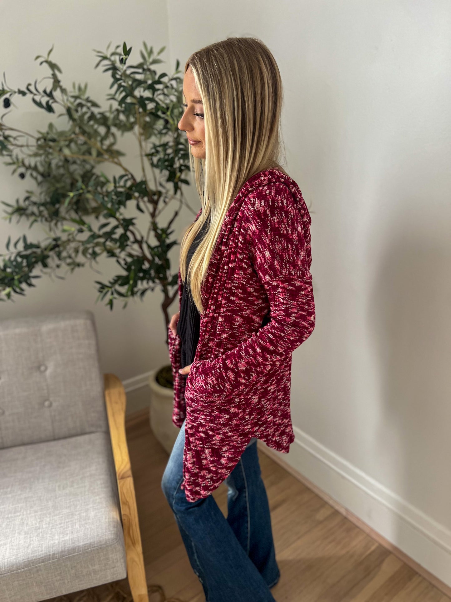 New! Cozy Hooded Open Front Cardigan - Burgundy