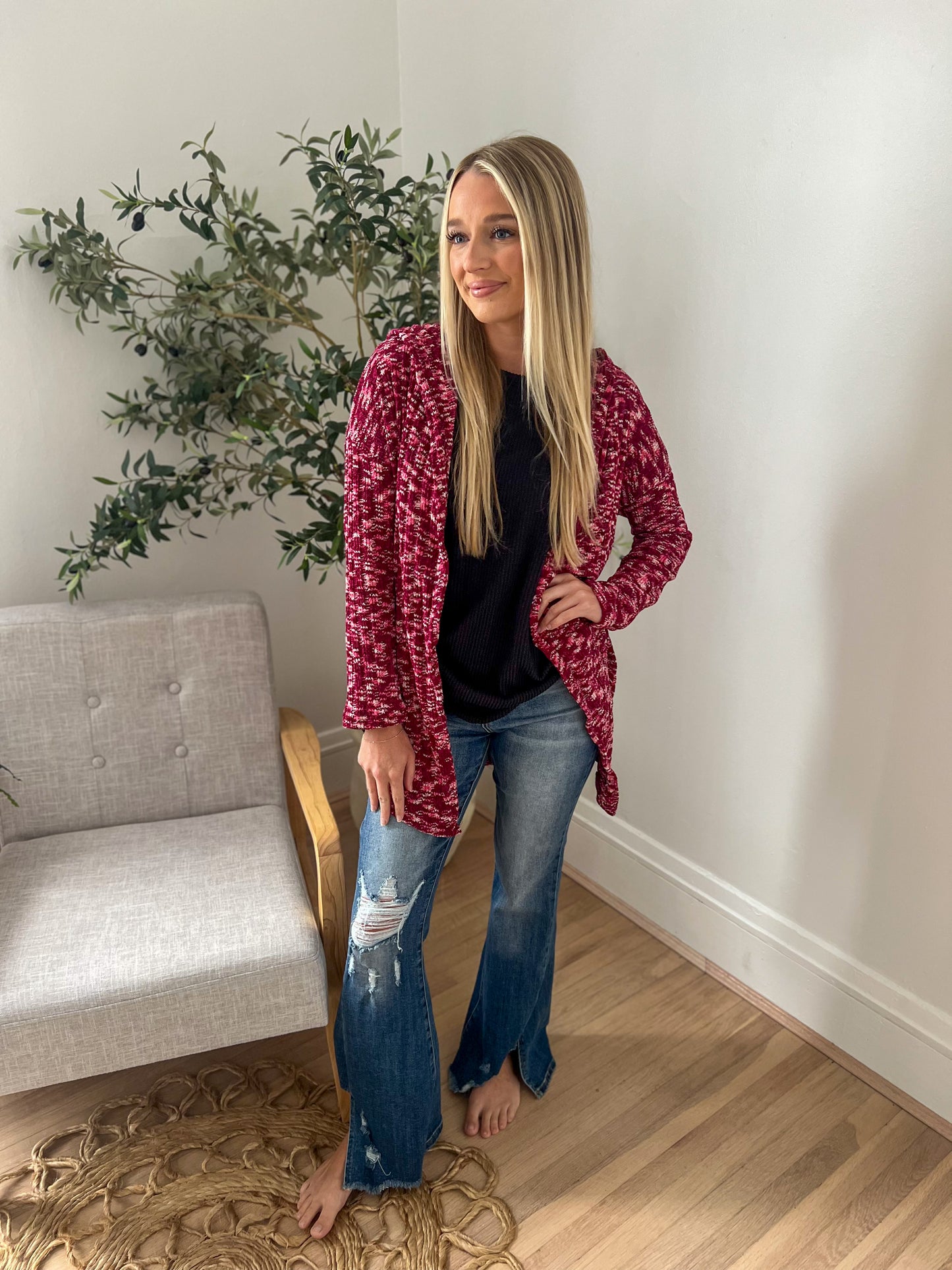 New! Cozy Hooded Open Front Cardigan - Burgundy