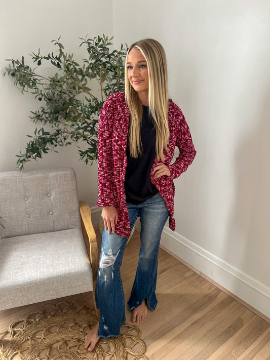 New! Cozy Hooded Open Front Cardigan - Burgundy