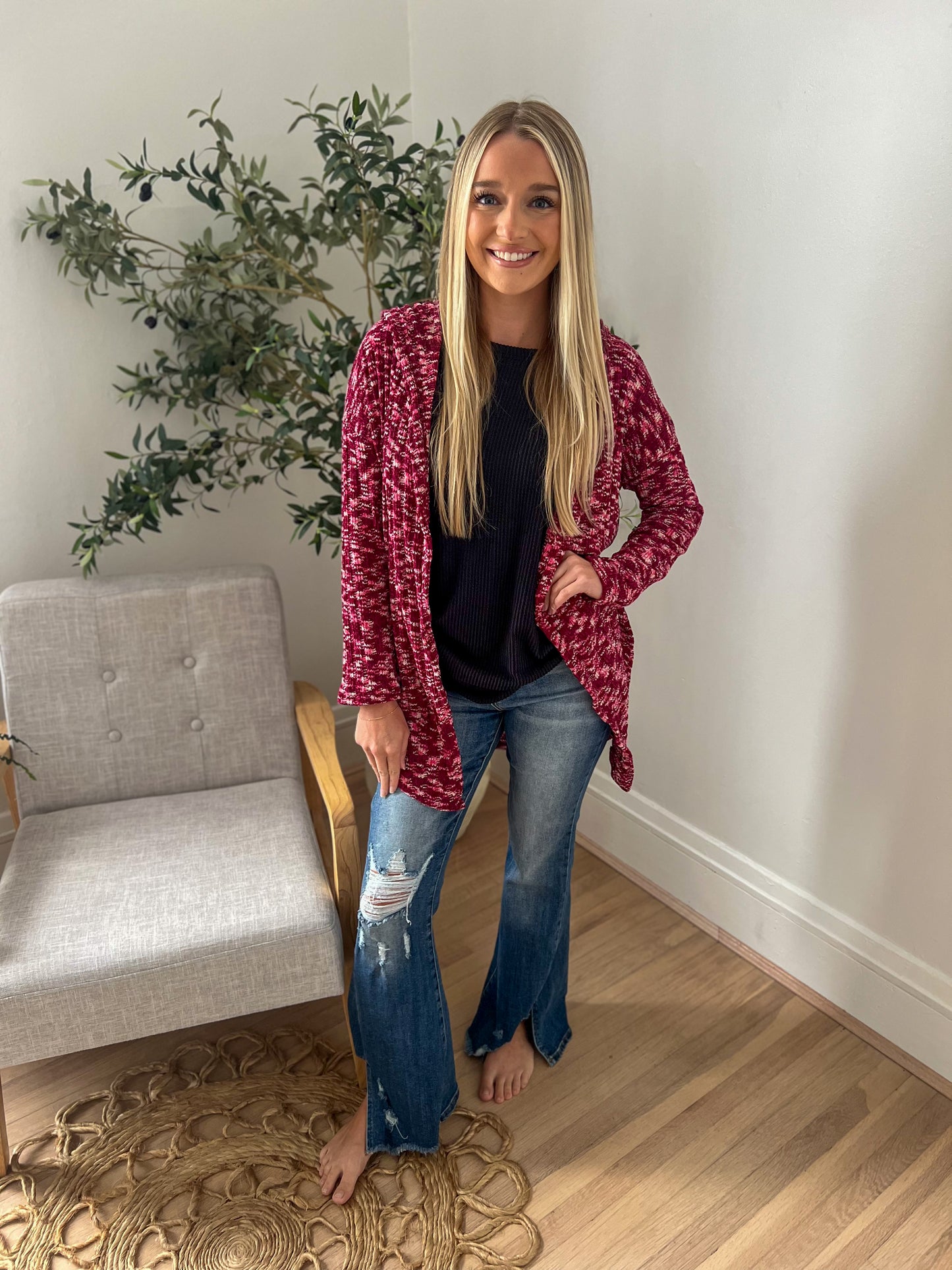 New! Cozy Hooded Open Front Cardigan - Burgundy