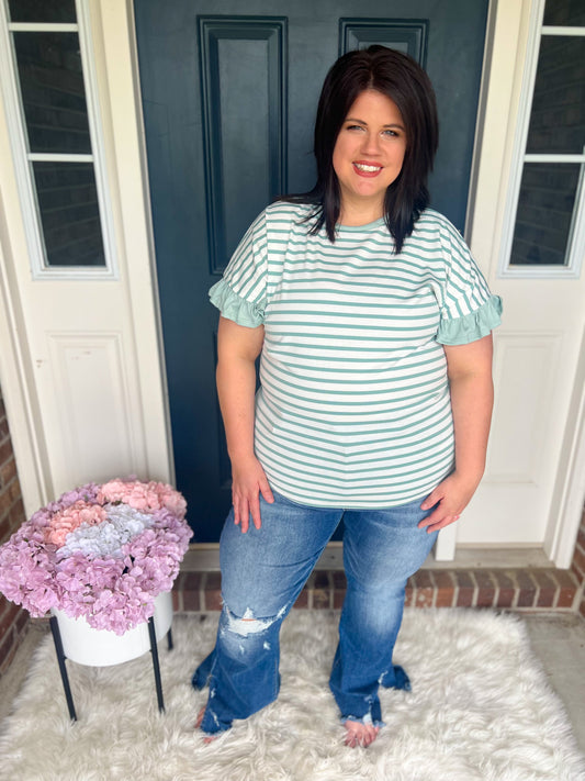 New! Aubrey Striped Ruffle Sleeve Top - Mint