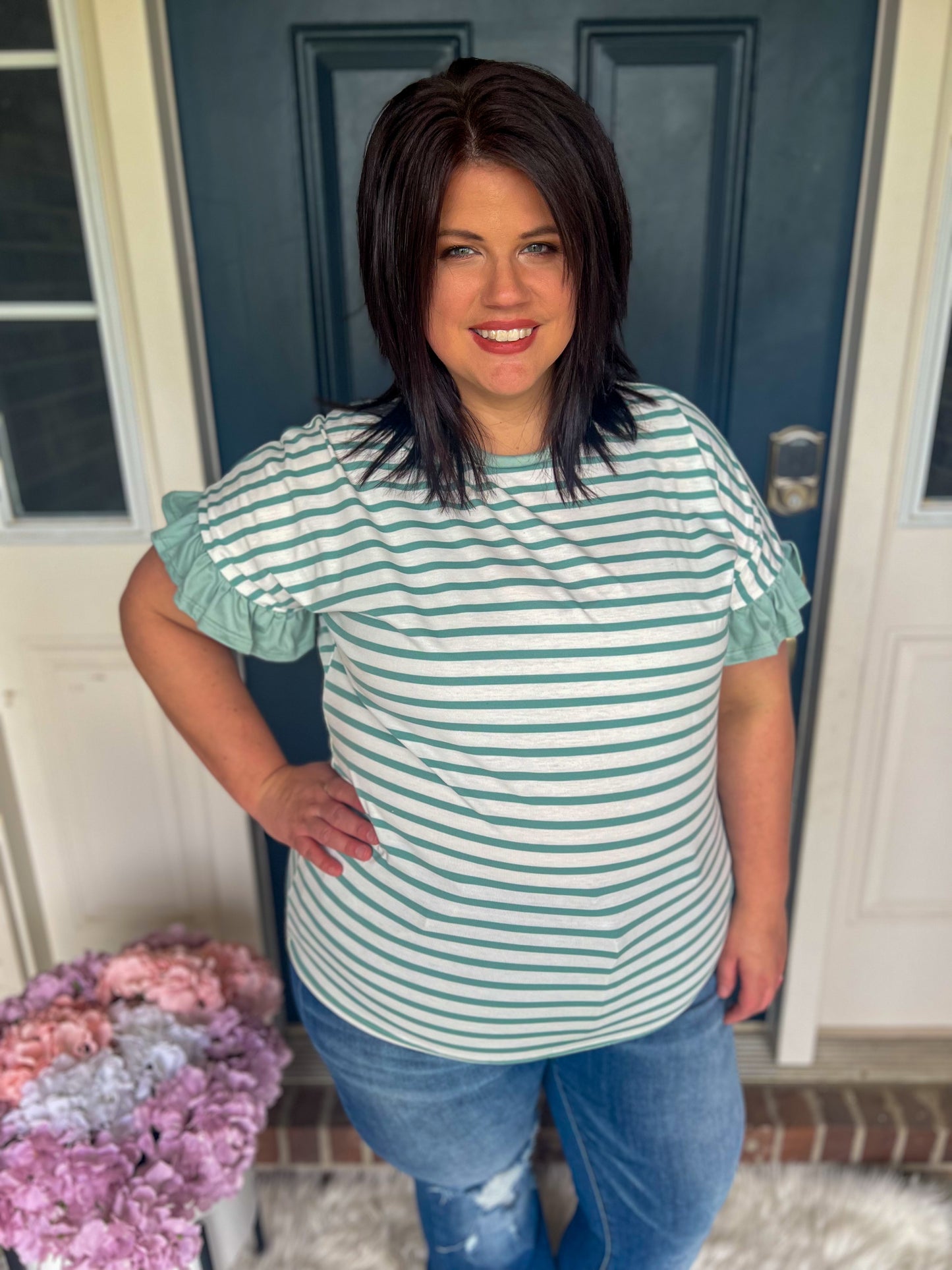 New! Aubrey Striped Ruffle Sleeve Top - Mint