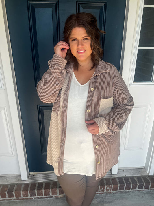 New! Take A Break Taupe Color Block Shacket