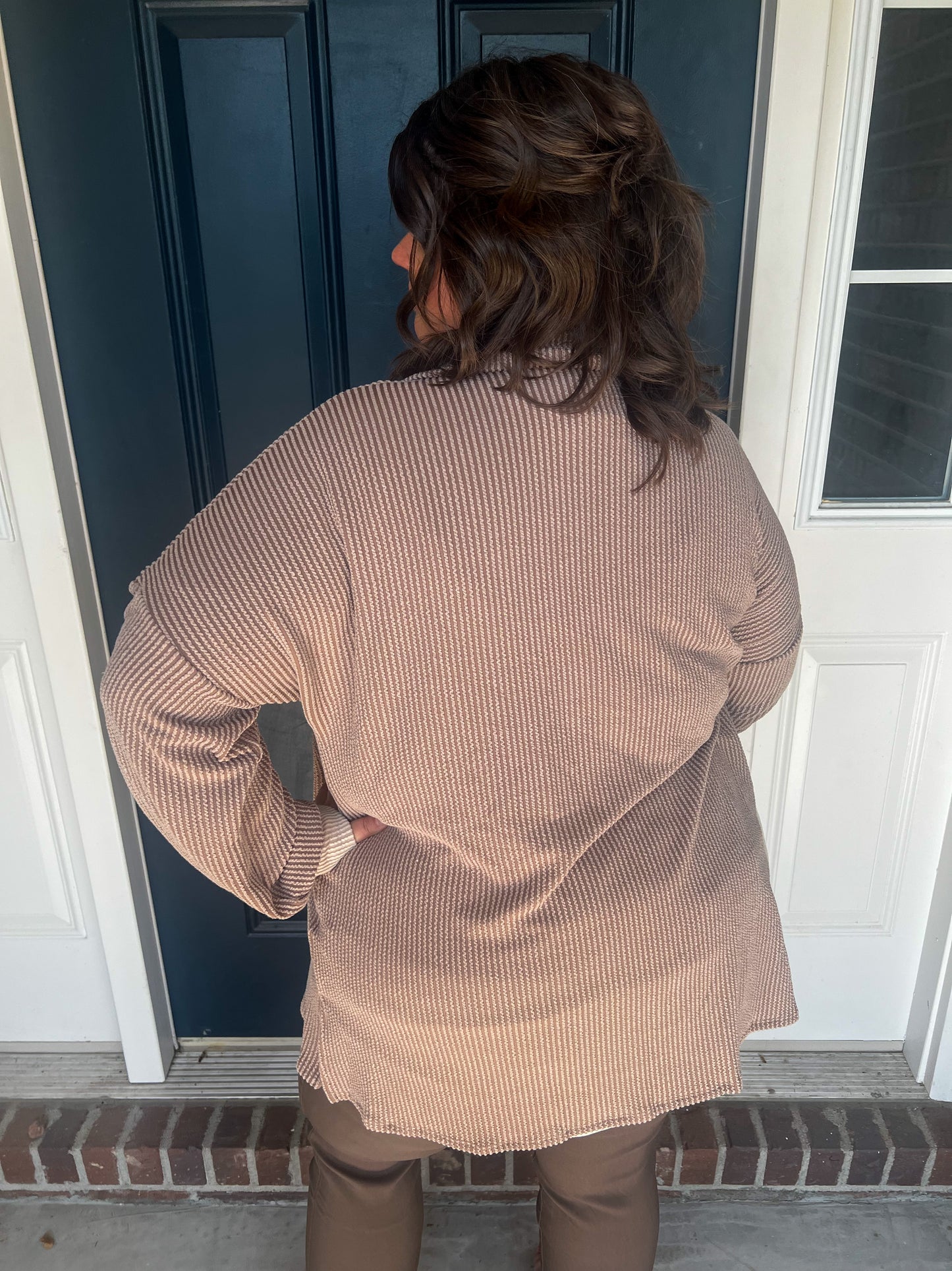 New! Take A Break Taupe Color Block Shacket