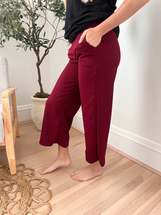 New! Lucy Wide Leg Stretchy Crop Pants - Burgundy